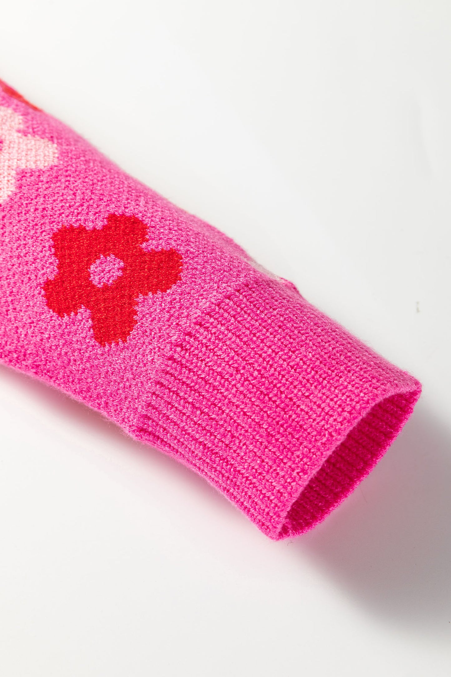 Rose Cute Flower Allover Ribbed Trimmed Drop Shoulder Pullover Sweater