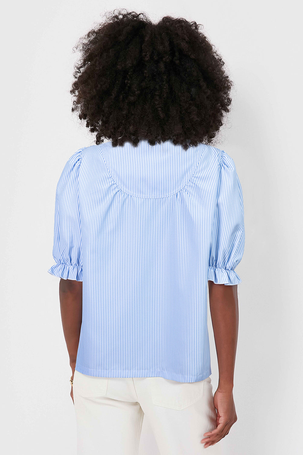 Sky Blue Stripe Ruffled Collar Puff Sleeve Half Buttons Blouse