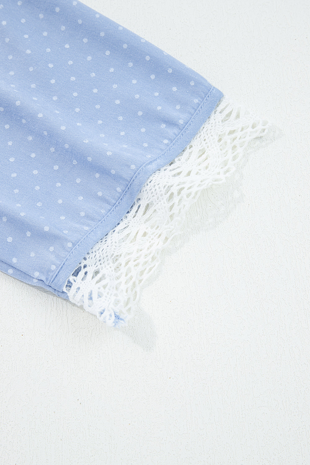 Beau Blue Lace Trim Patchwork Dotted Print Collared Denim Blouse