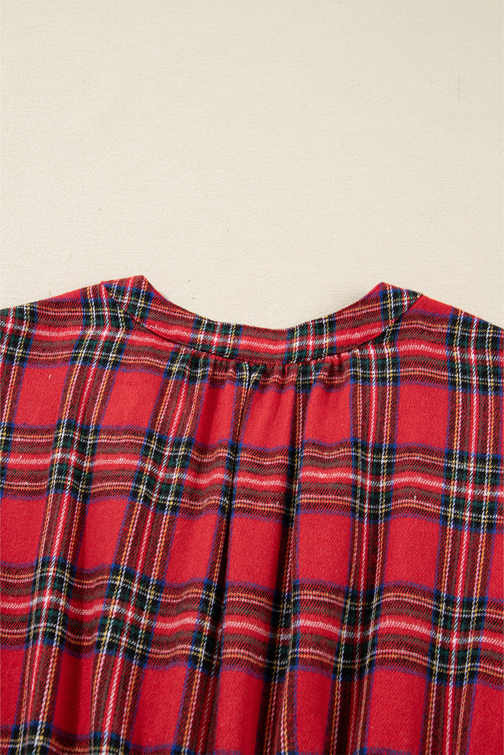 Red Christmas Plaid V Neck 3/4 Sleeve Tie Waist Ruffle Hem Long Dress