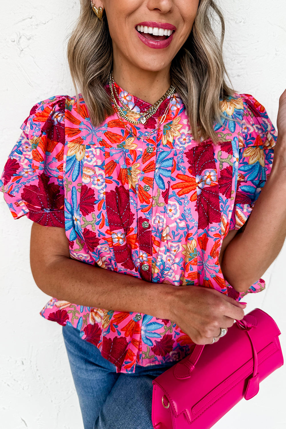 Pink Floral Print Bubble Sleeve Button Up Pleated Shirt
