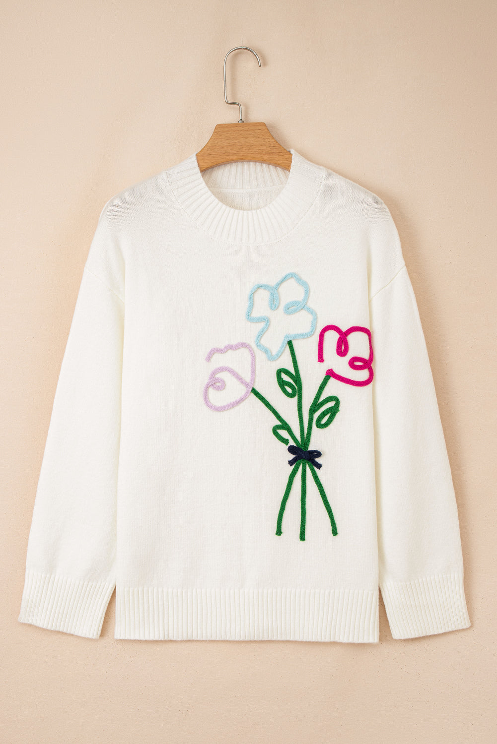 White Embroidered Flower Bouquet Ribbed Trim Loose Sweater