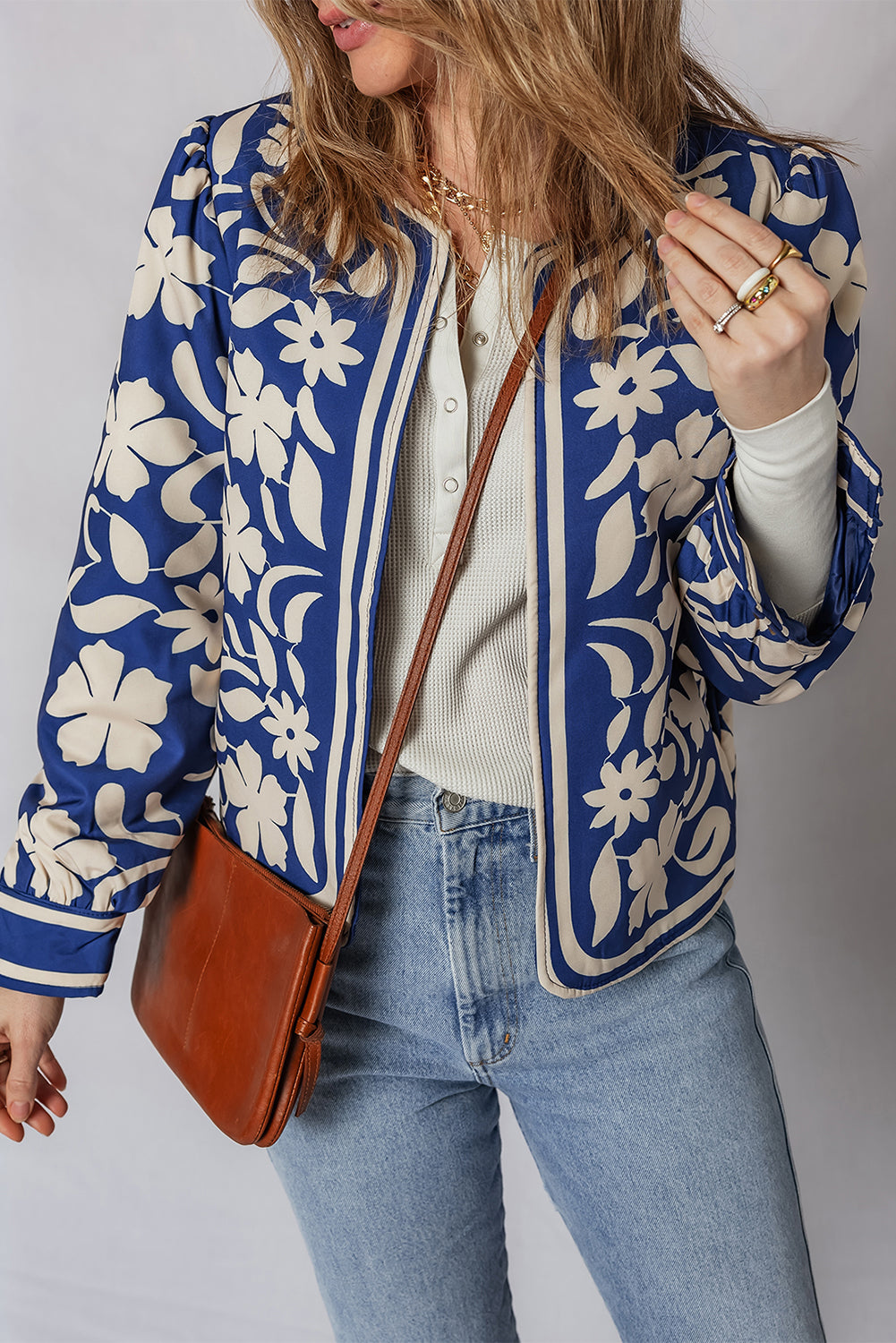 Blue Flower Print Open Front Buttoned Cuffs Elegant Jacket