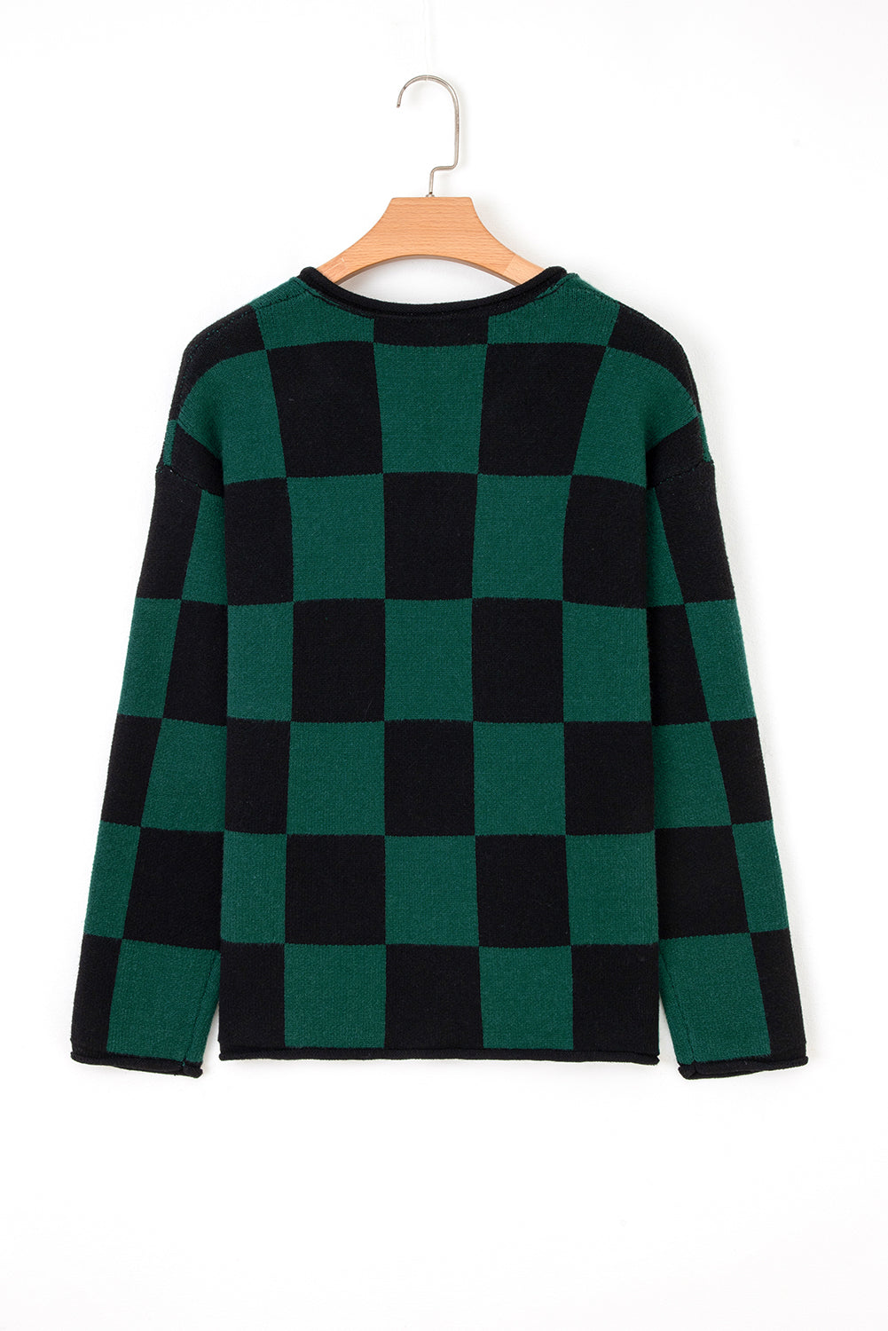 Green Checked Notched Neckline Drop Shoulder Knit Sweater