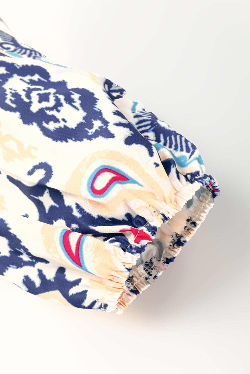 Blue Ethnic Print Striped Split Neck Long Sleeve Flowy Mini Dress