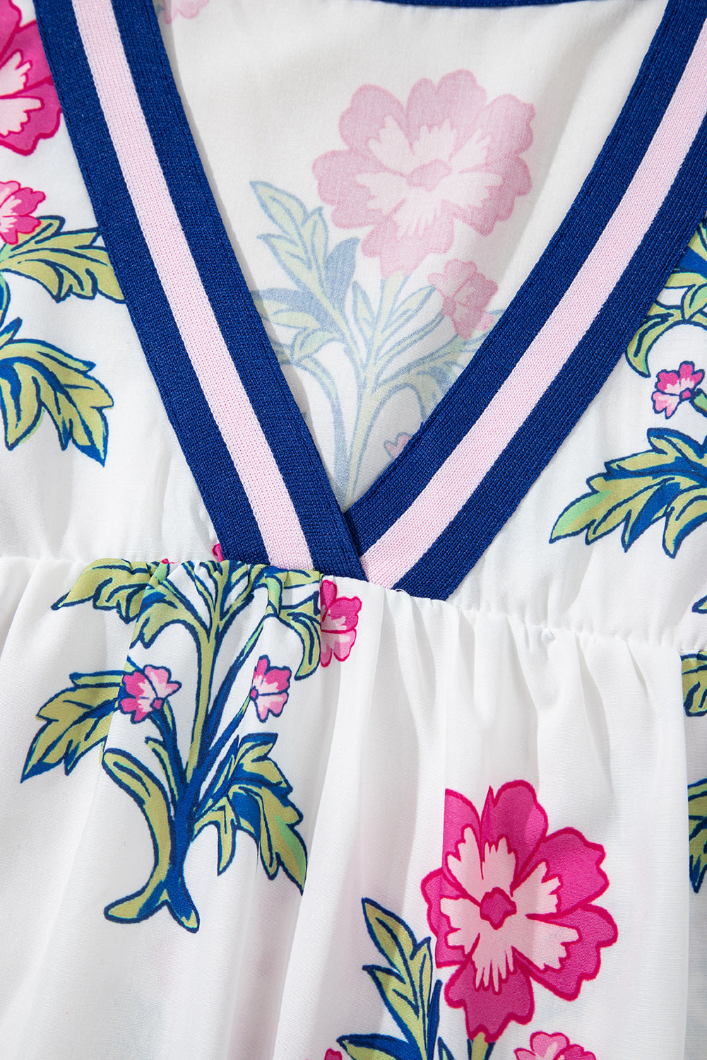 White Floral Print Striped V Neck Blouse