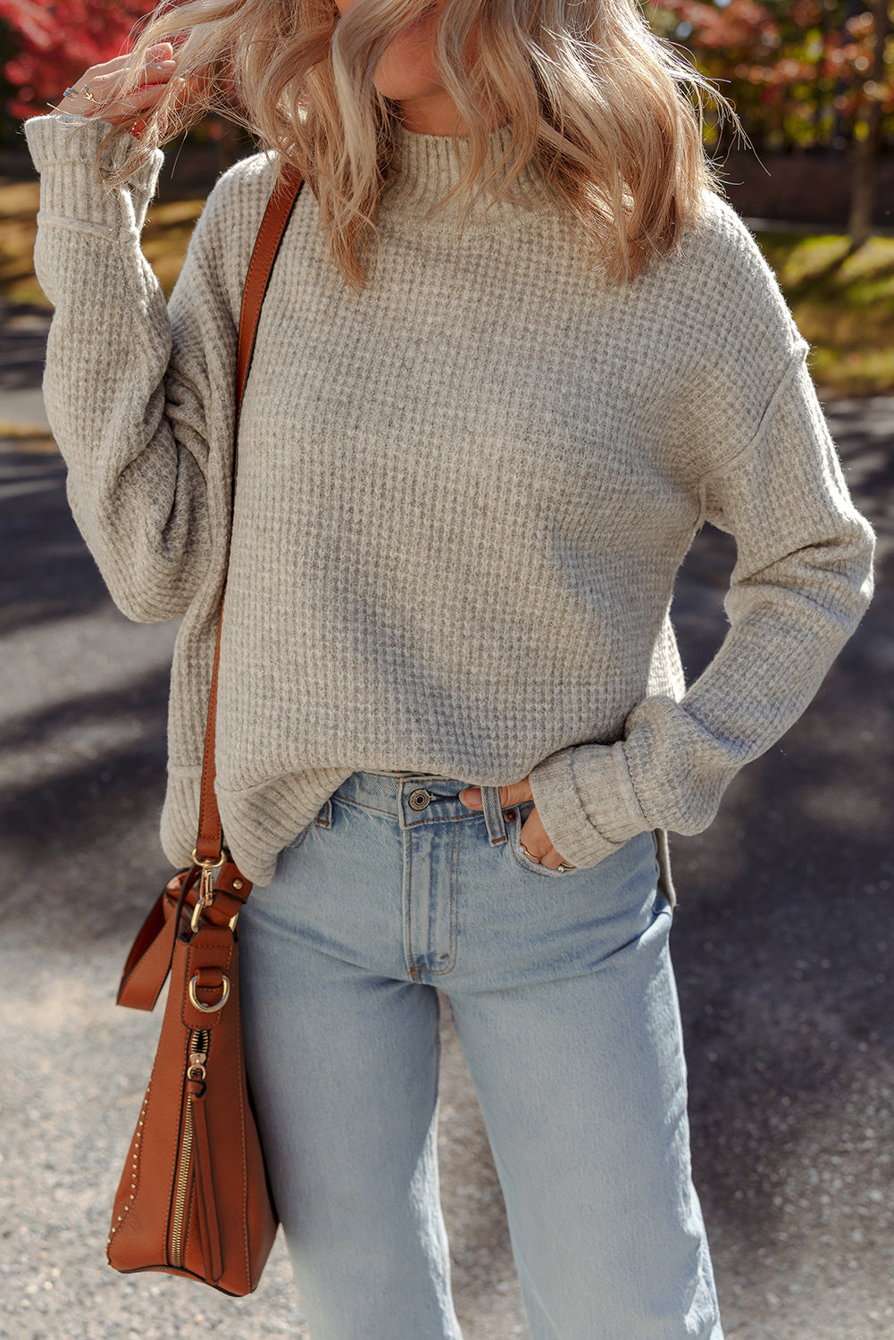 Gray Morn Waffle Texture Knit Ribbed High Neck Drop Shoulder Sweater