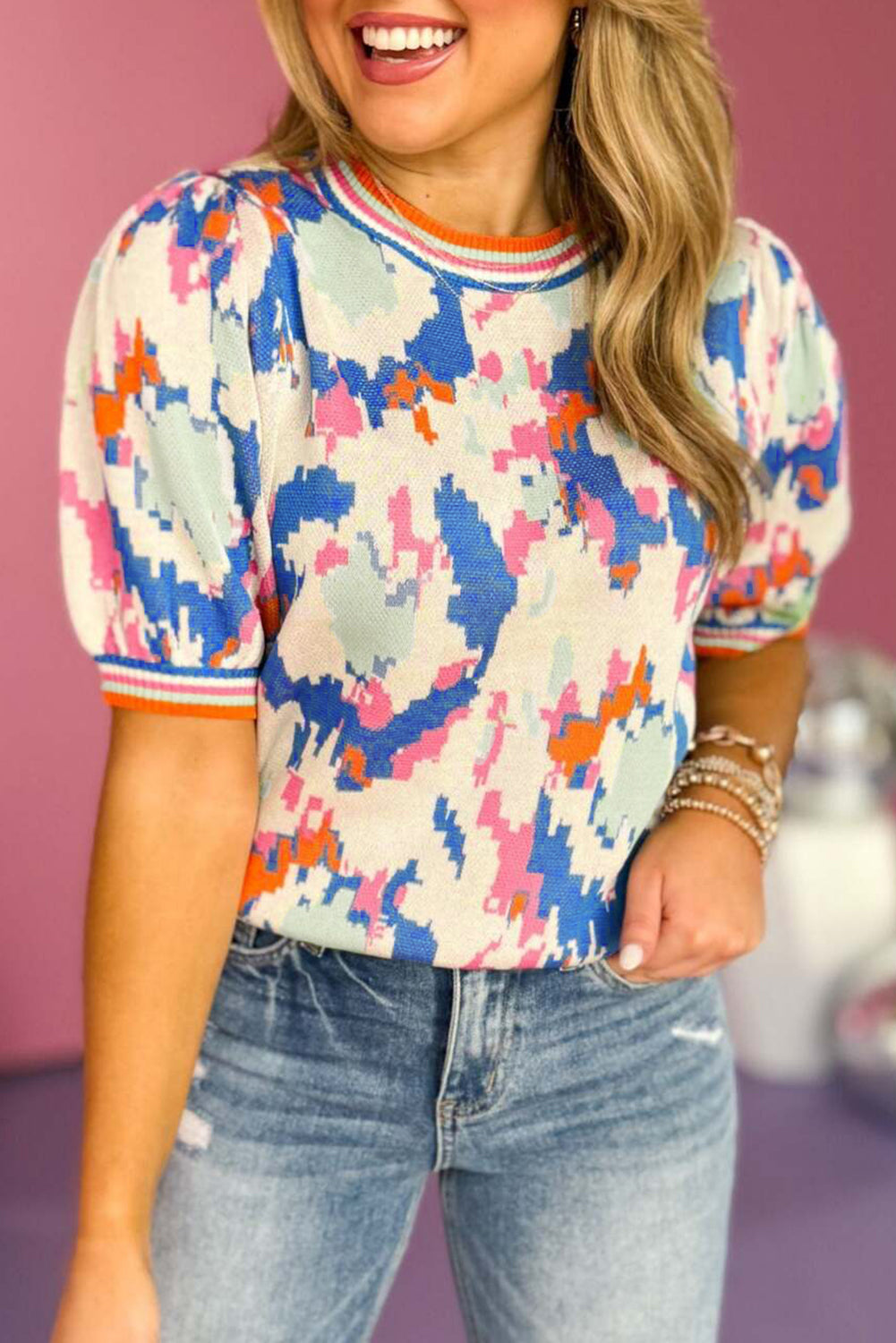 Apricot Abstract Pattern Knit Contrast Striped Trim Short Sleeve Sweater