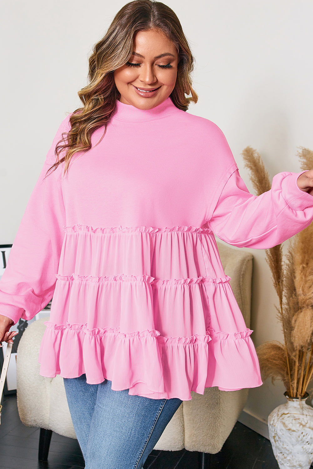 Pink Tiered Ruffle Ribbed Crew Neck Pullover Plus Size Top