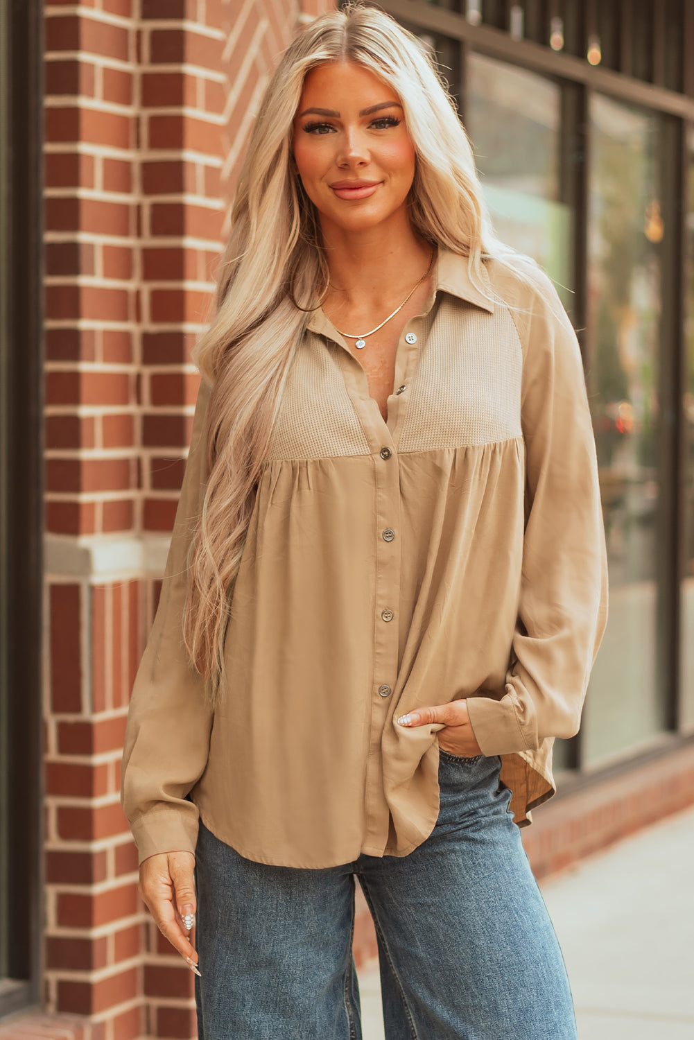 Light French Beige Waffle Patchwork Button Up Frayed Hem Shirt