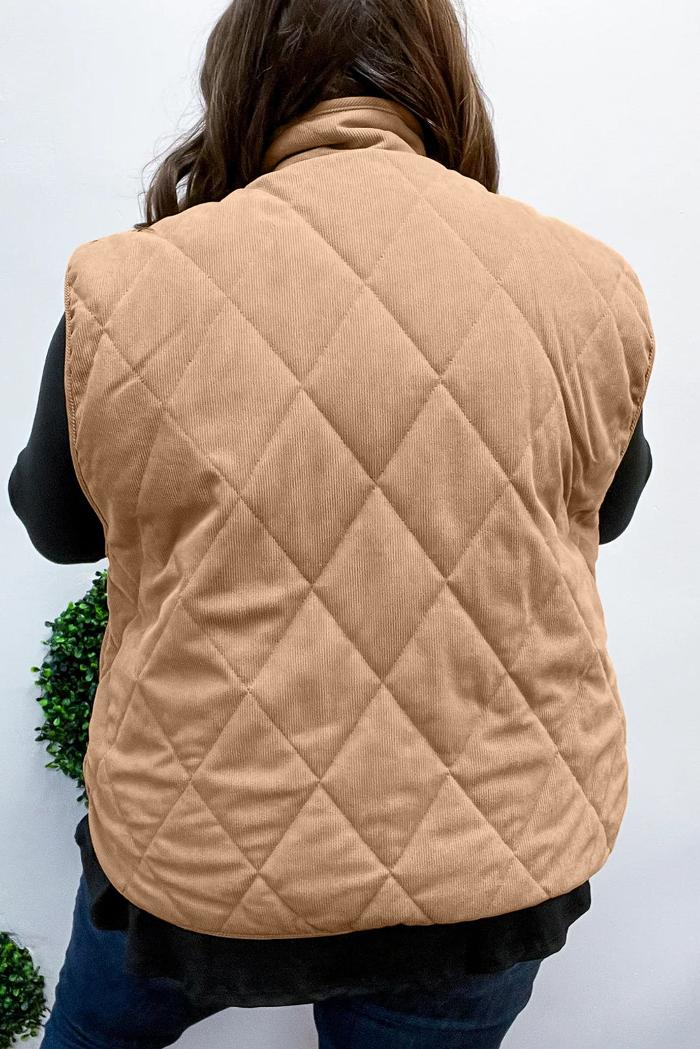 Camel Plus Size Quilted Cord Snap Button Vest Jacket