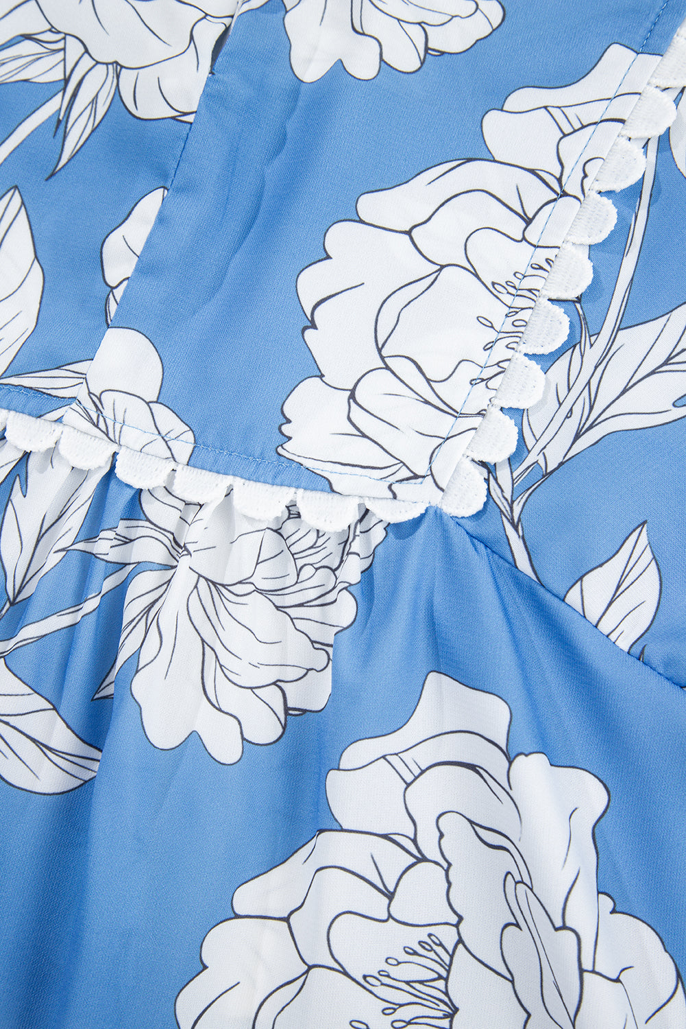 Sky Blue Floral Ricrac Trim Collared Puff Sleeve Loose Blouse