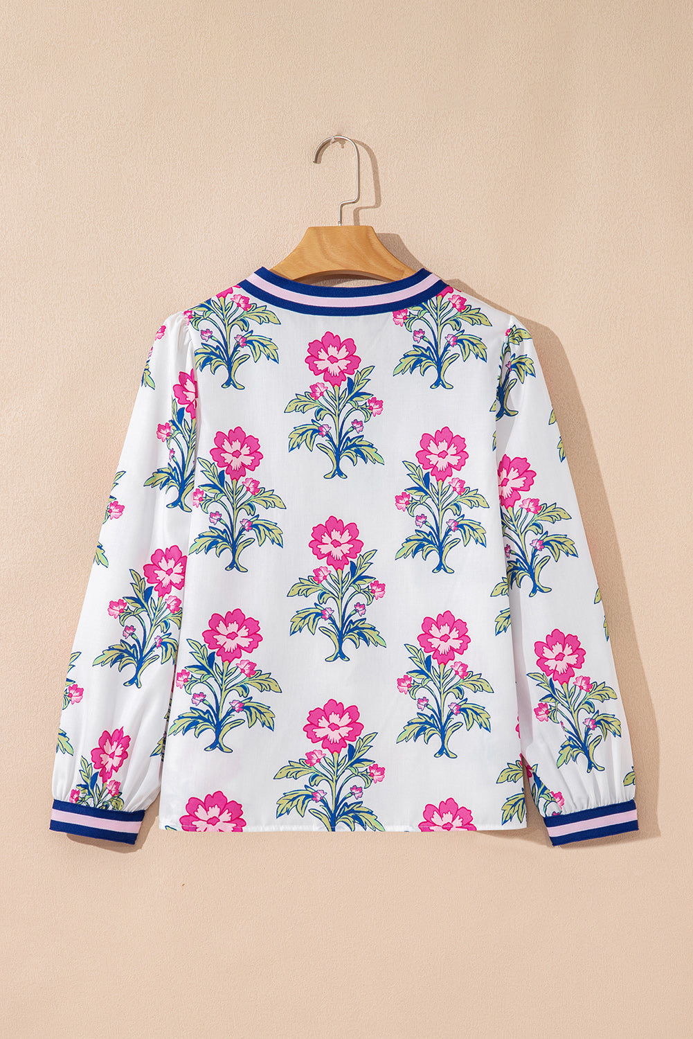 White Floral Print Striped V Neck Blouse