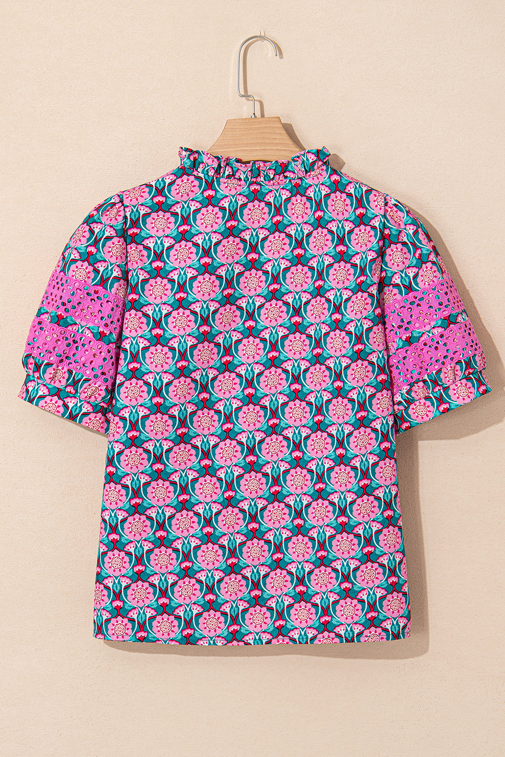 Sachet Pink V-Neck Ruffle Abstract Floral Print Puff Sleeve Top