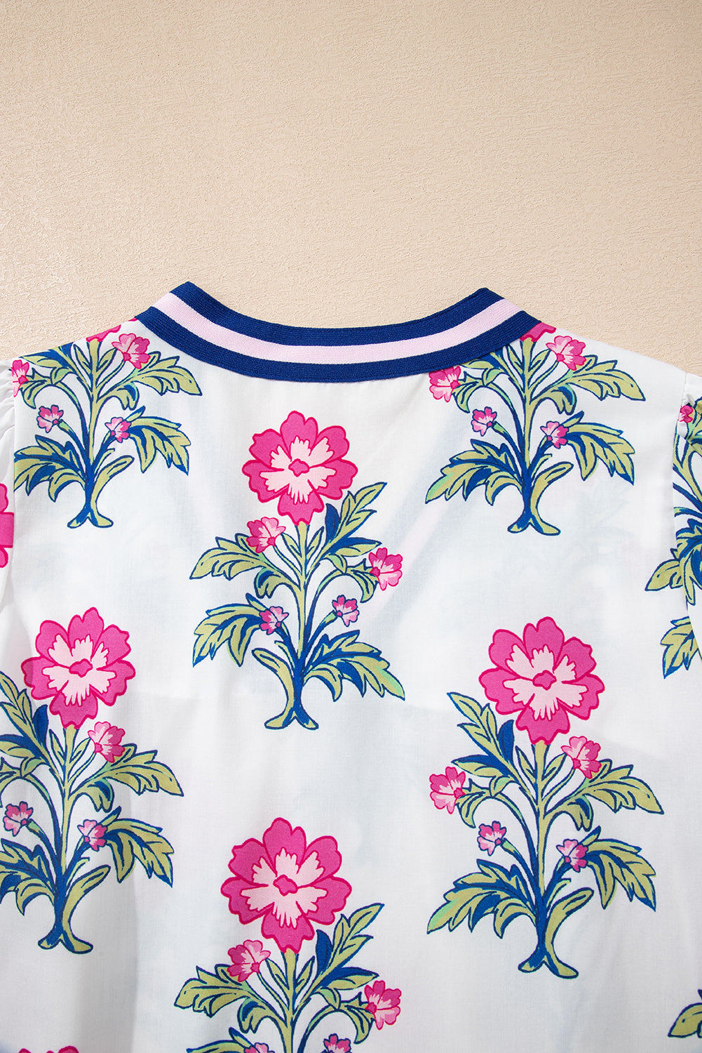 White Floral Print Striped V Neck Blouse