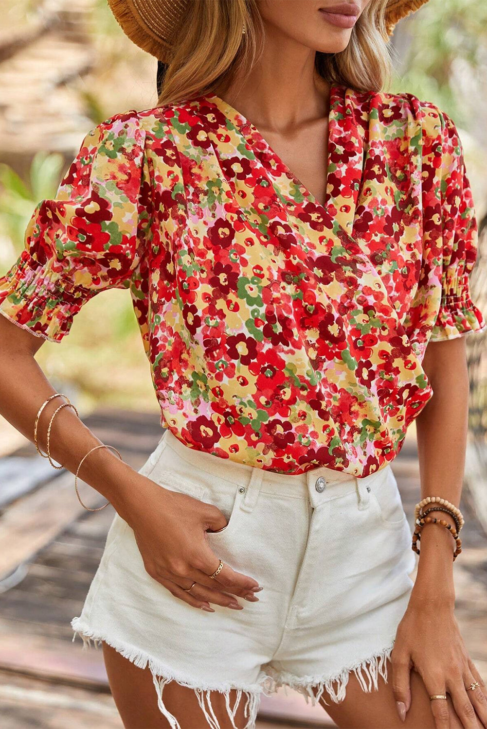 Red Floral Bubble Sleeve Pleated V Neck Wrap Blouse