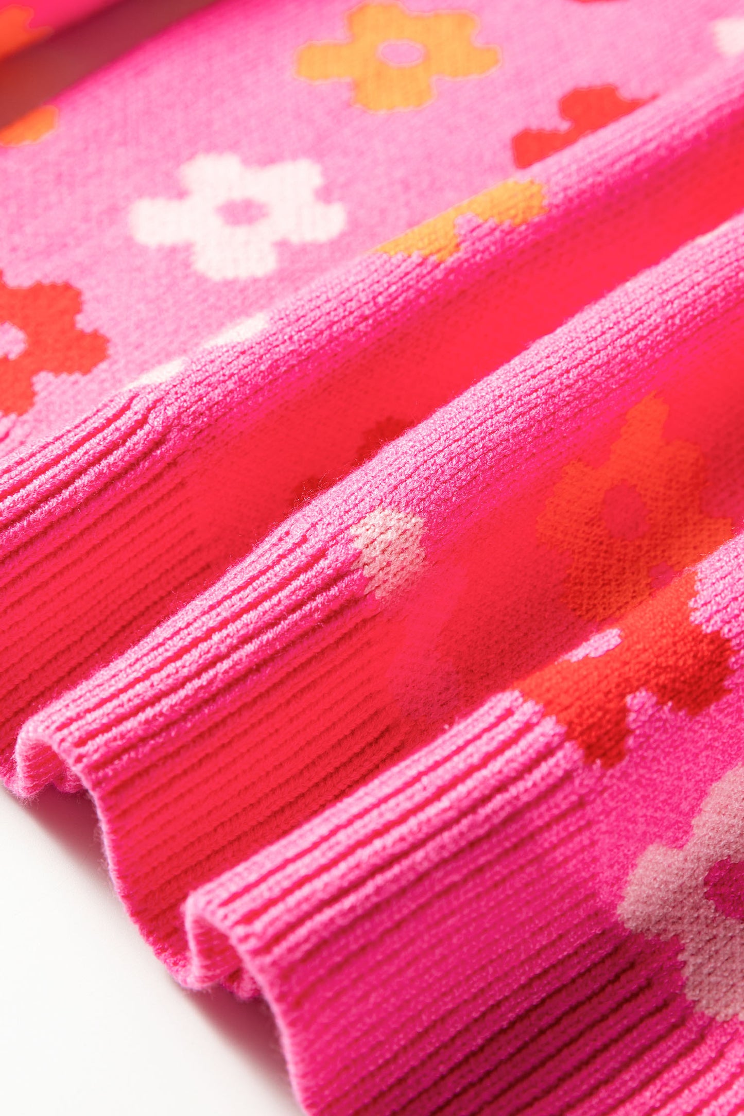 Rose Cute Flower Allover Ribbed Trimmed Drop Shoulder Pullover Sweater