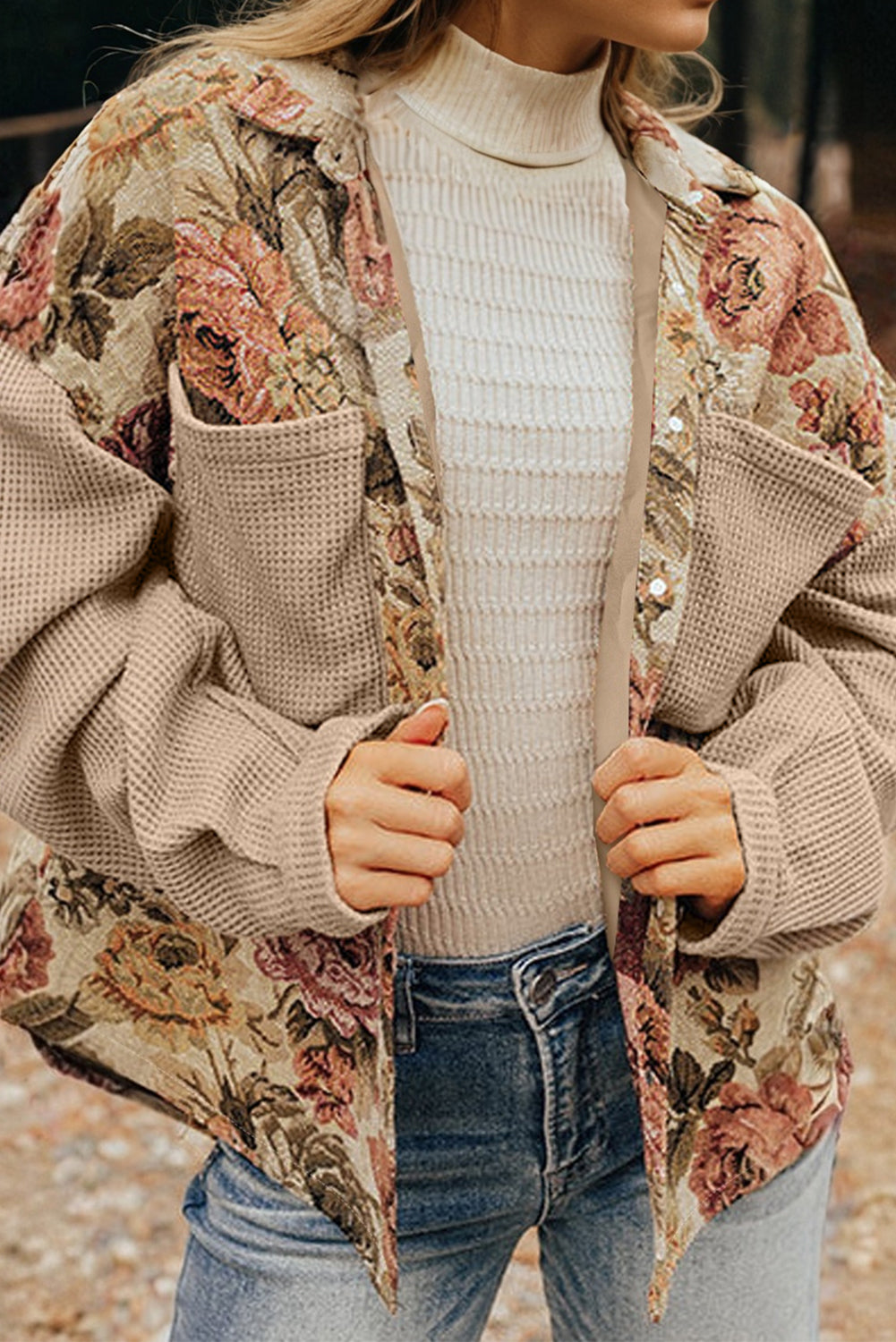 Khaki Floral Waffle Knit Patchwork Chest Pockets Buttoned Jacket