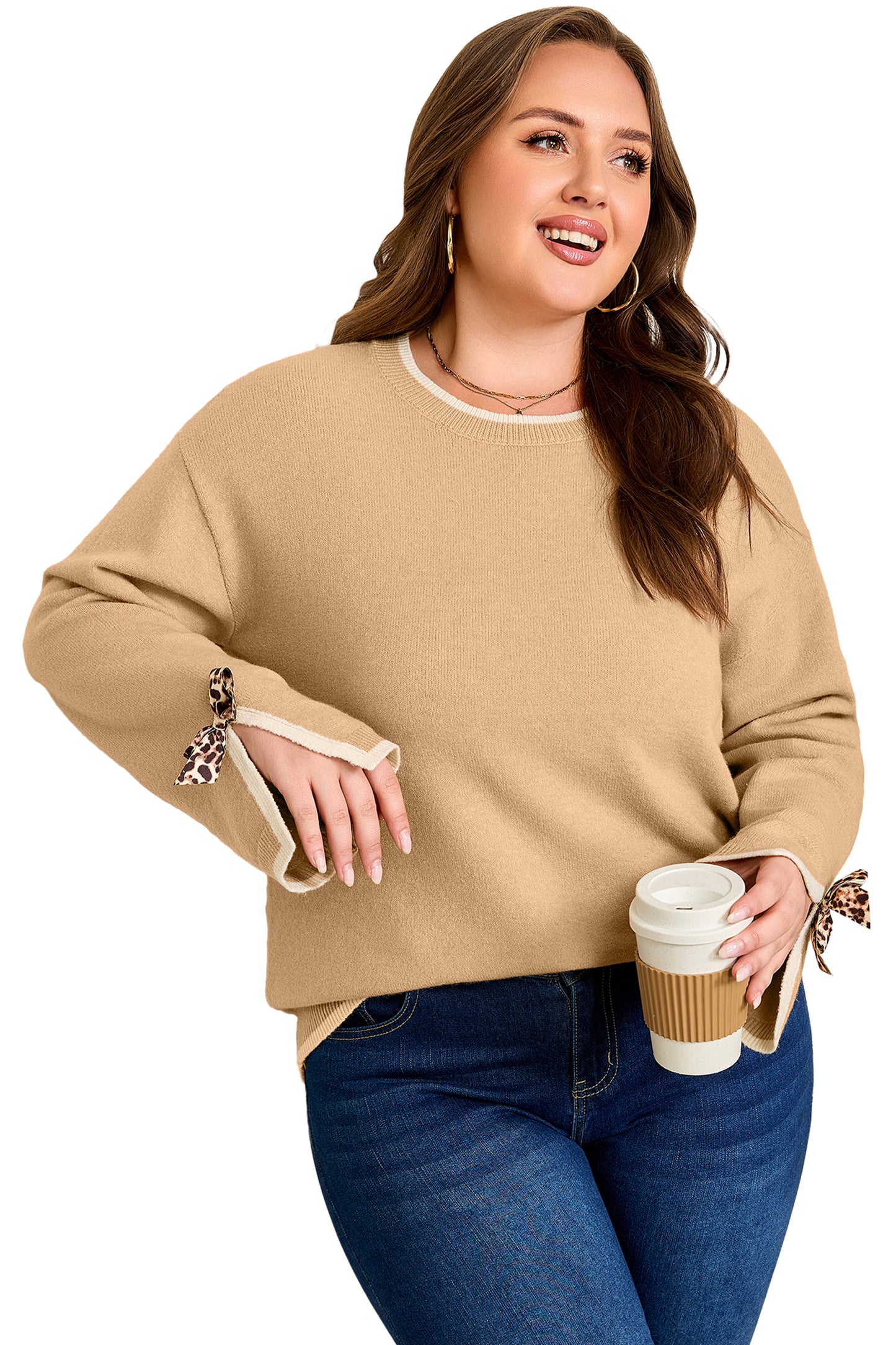 Tan Plus Size Leopard Bow Decor Split Cuffs Loose Sweater
