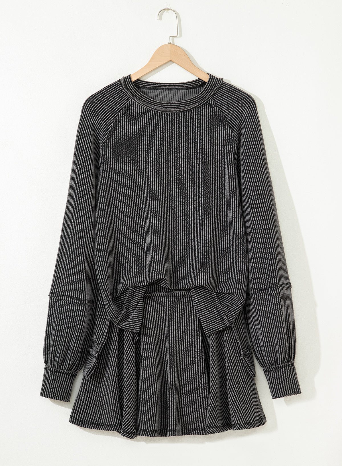 Dark Grey Corded Lantern Sleeve Top High Waist Ruffled Mini Skirt Set