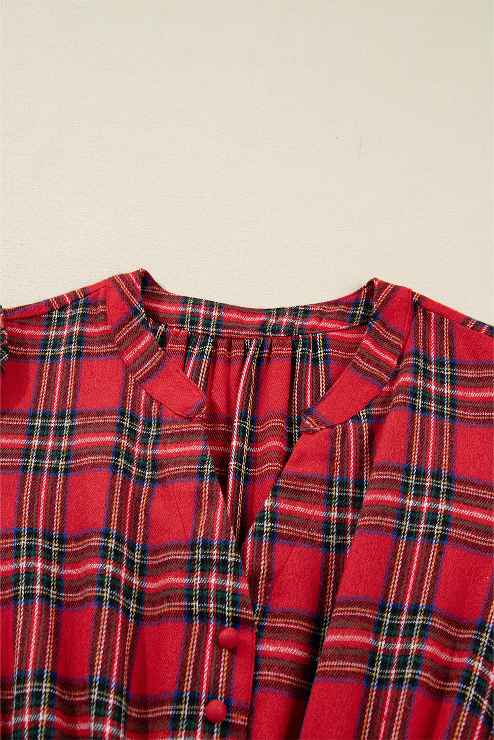 Red Christmas Plaid V Neck 3/4 Sleeve Tie Waist Ruffle Hem Long Dress