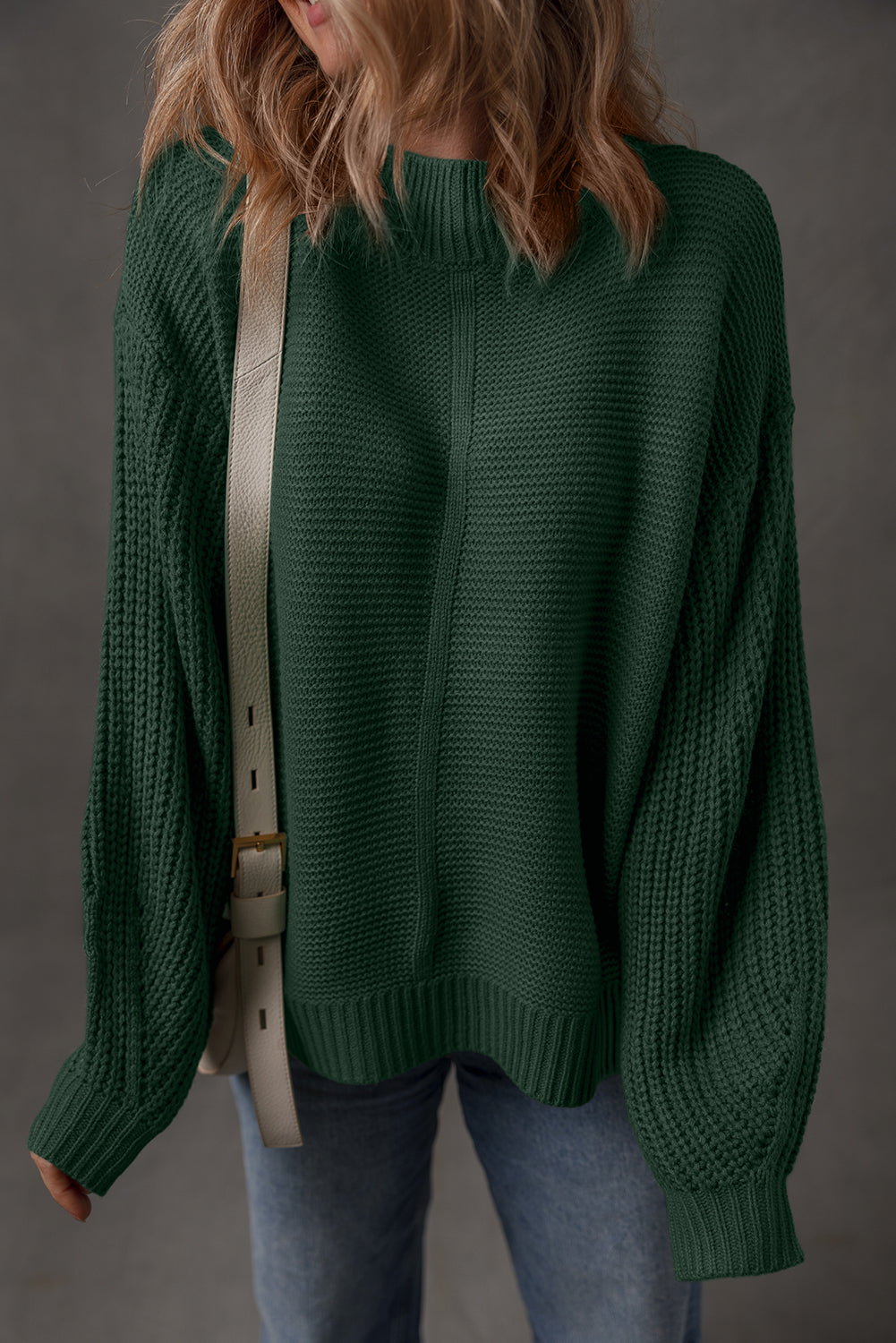 Mist Green Solid Color Front Seam Drop Shoulder Loose Sweater
