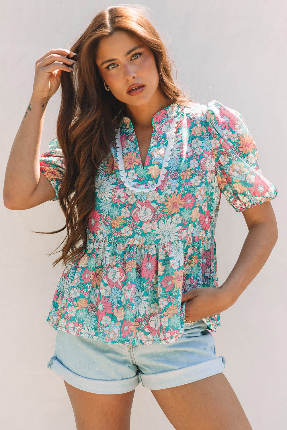 Multicolour Notched Neck Puff Short Sleeve Floral Blouse