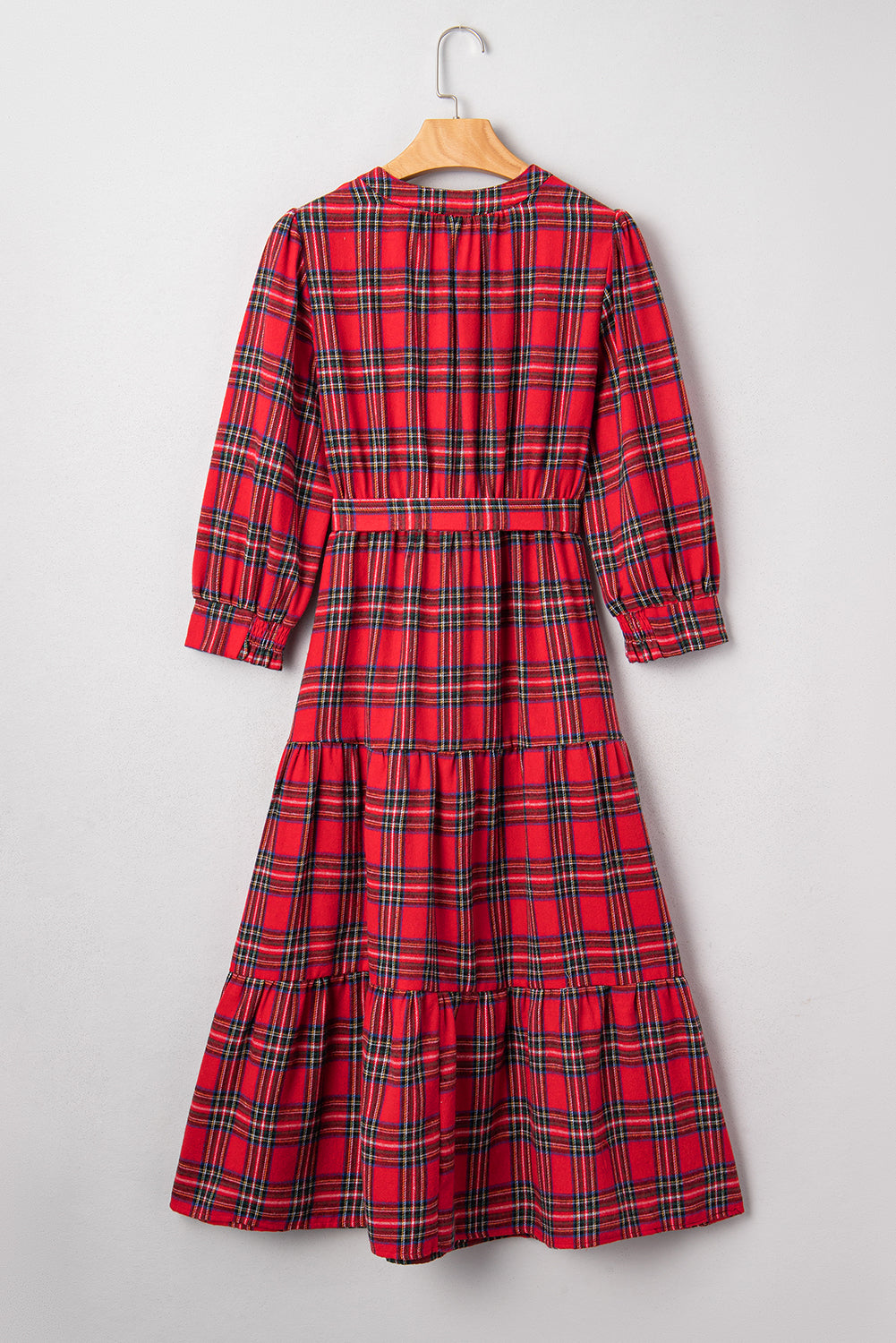 Red Christmas Plaid V Neck 3/4 Sleeve Tie Waist Ruffle Hem Long Dress