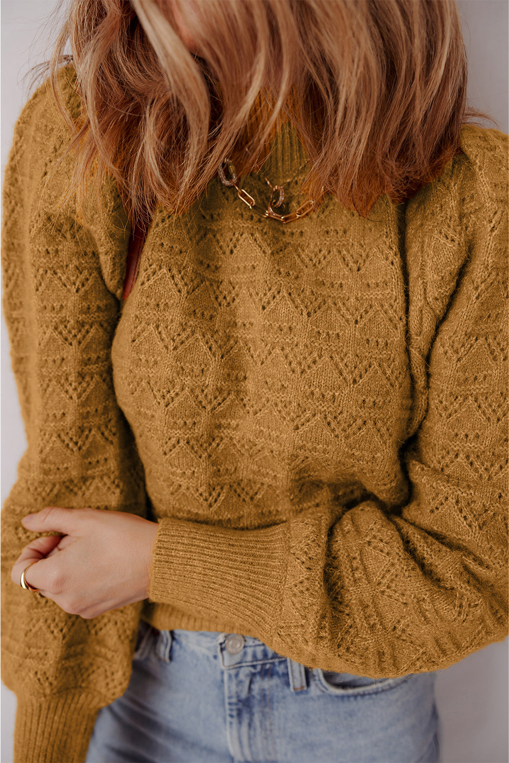 Jurassic Gold Hollow Out Crochet Ribbed Edge Balloon Sleeve Sweater