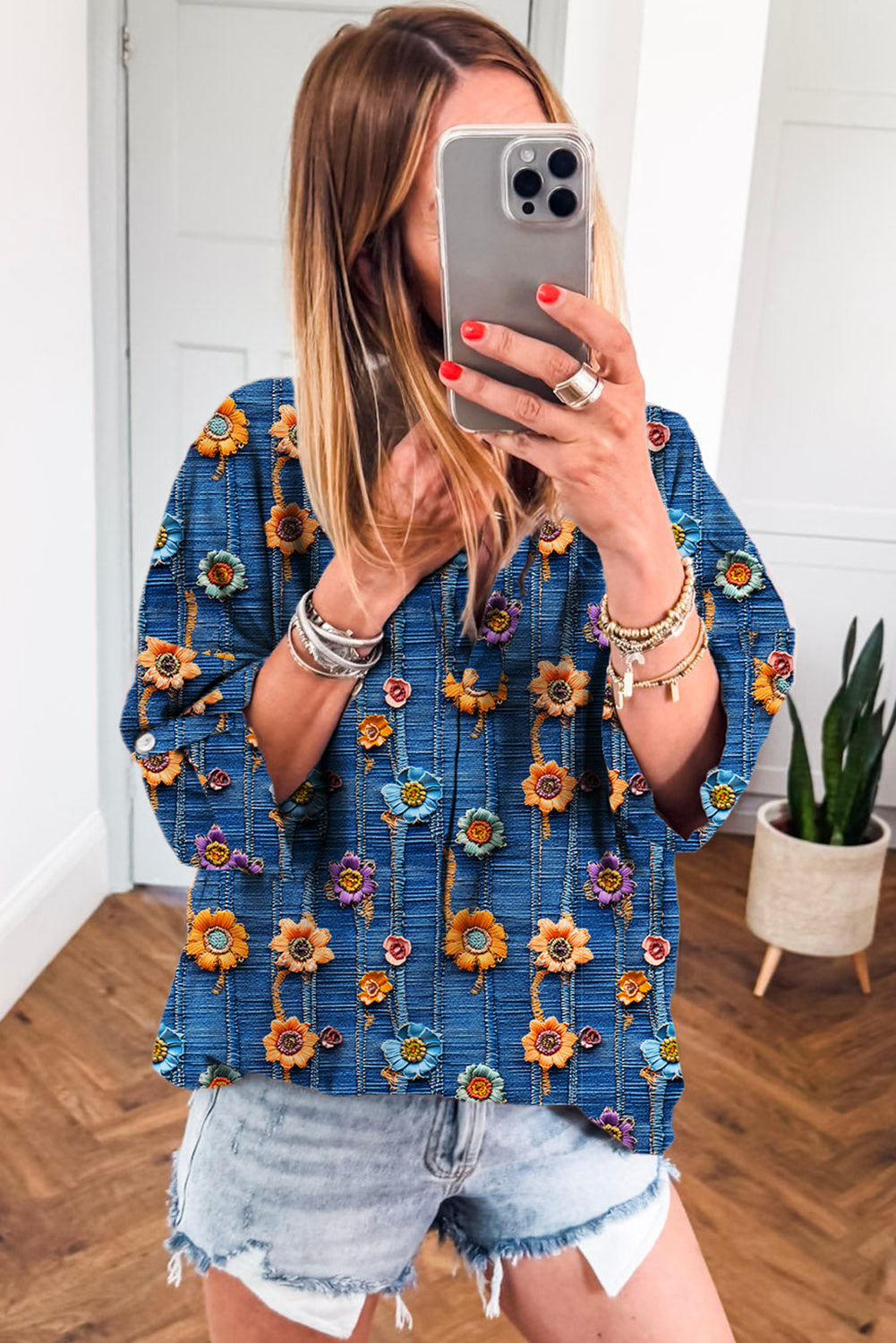 Blue Floral Collared V Neck Roll up Sleeve Shift Blouse