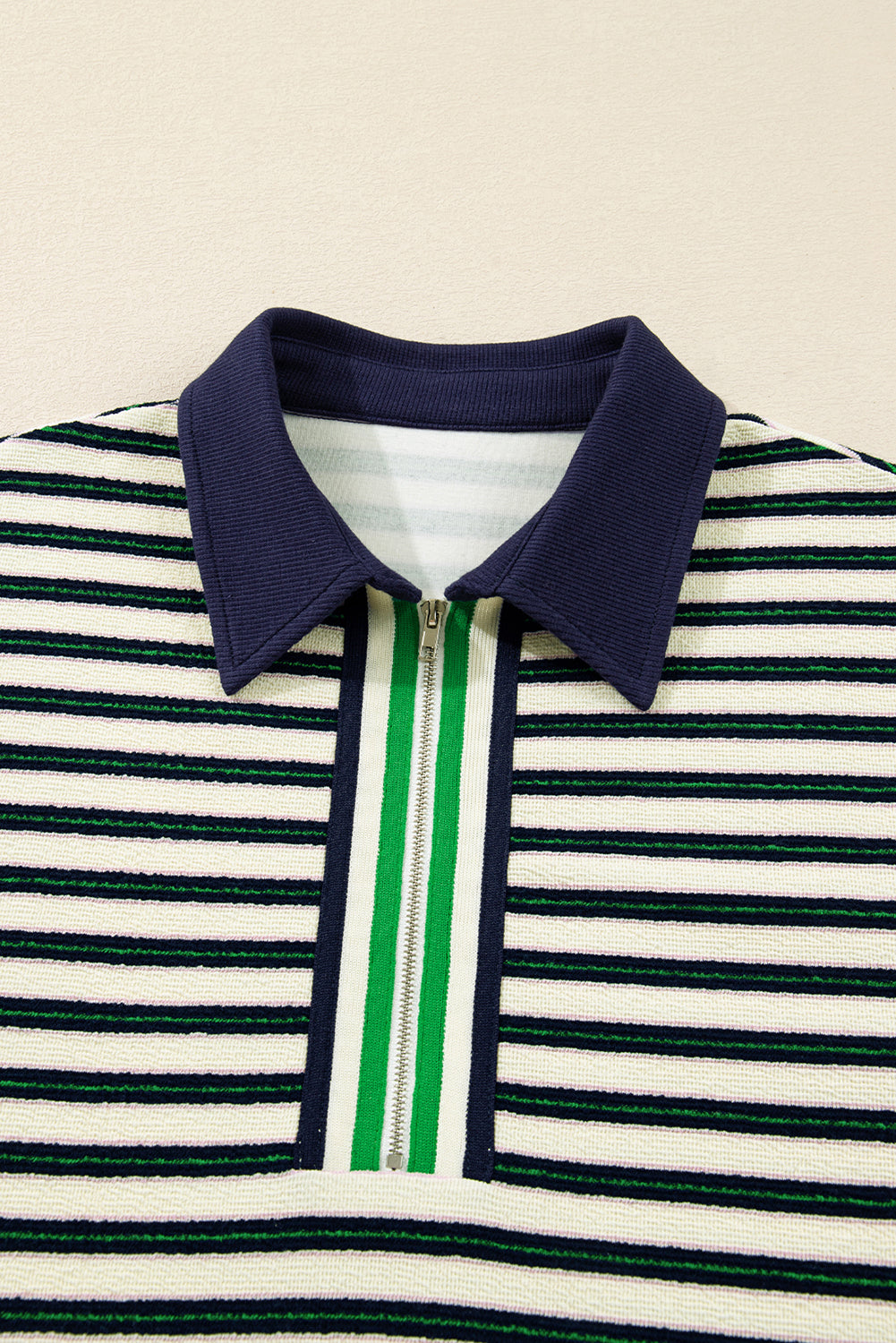 Navy Blue Striped Print Contrast Collar Zip V Neck Long Sleeve Top