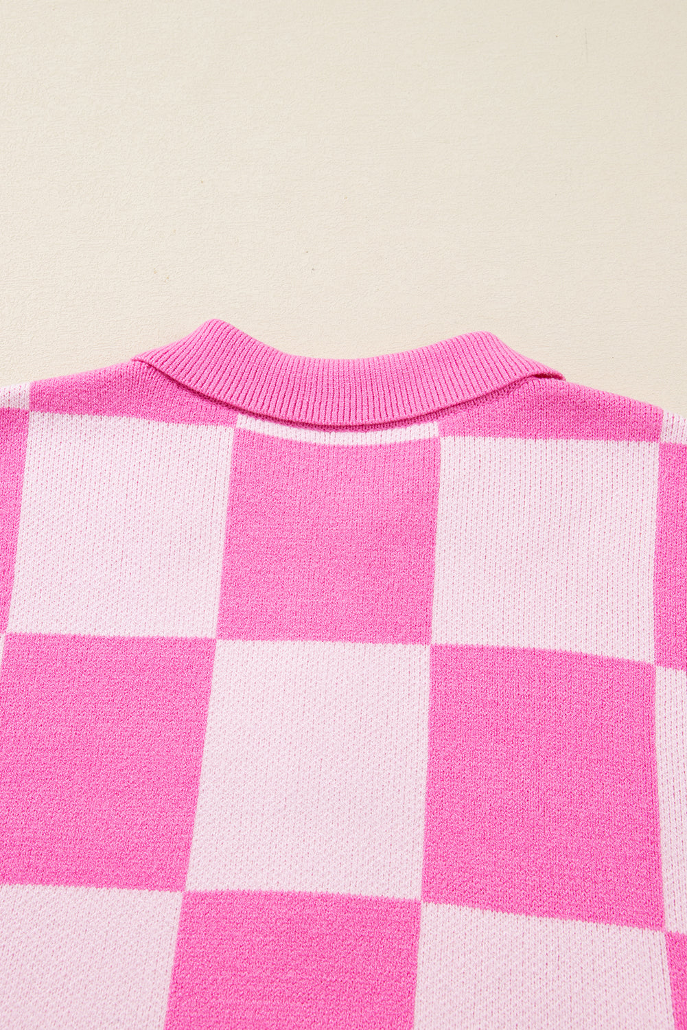 Pink Plus Size Checkered Collared Half Button Sweater