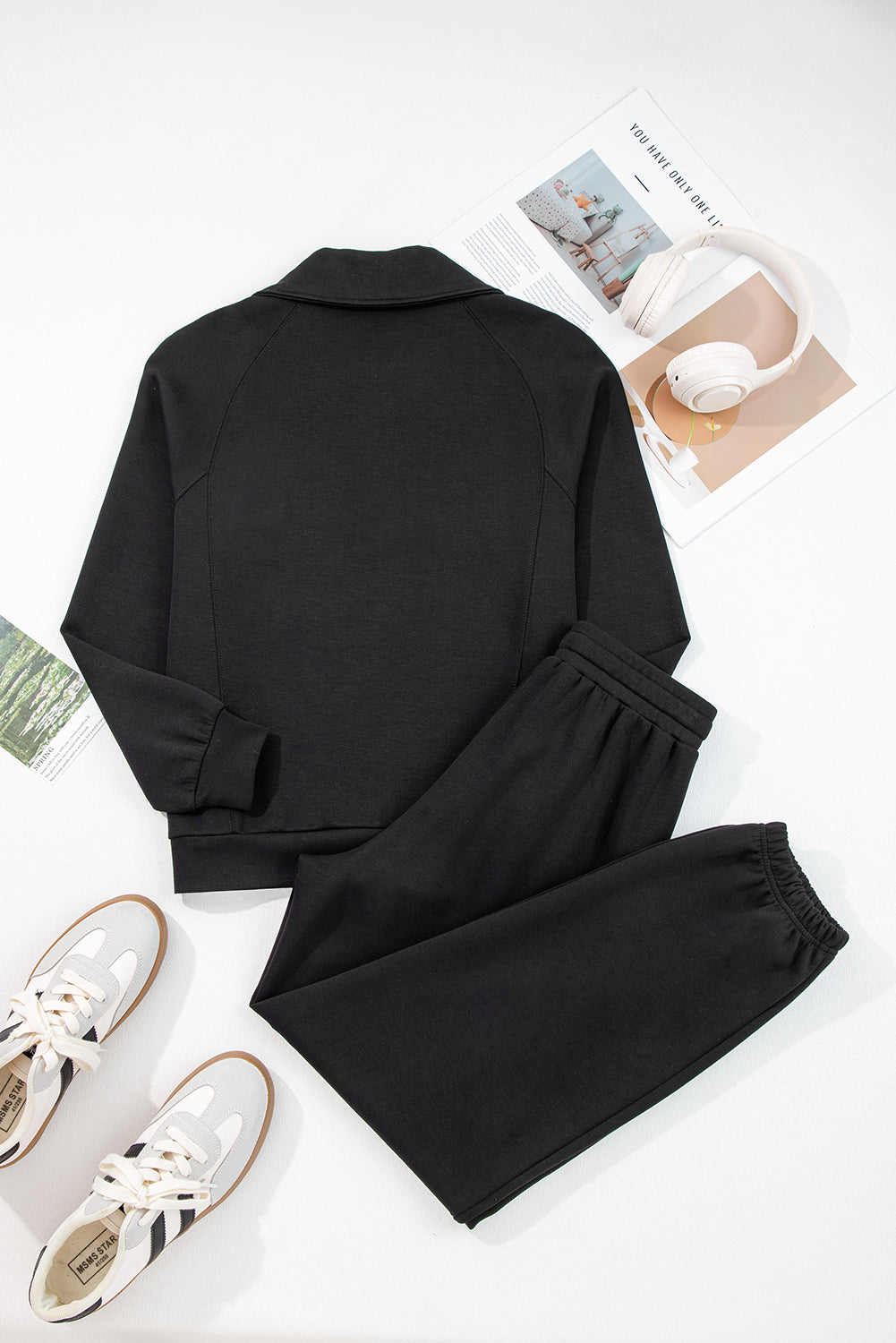 Black Zip Collar Long Sleeve Top Drawstring Pants Set