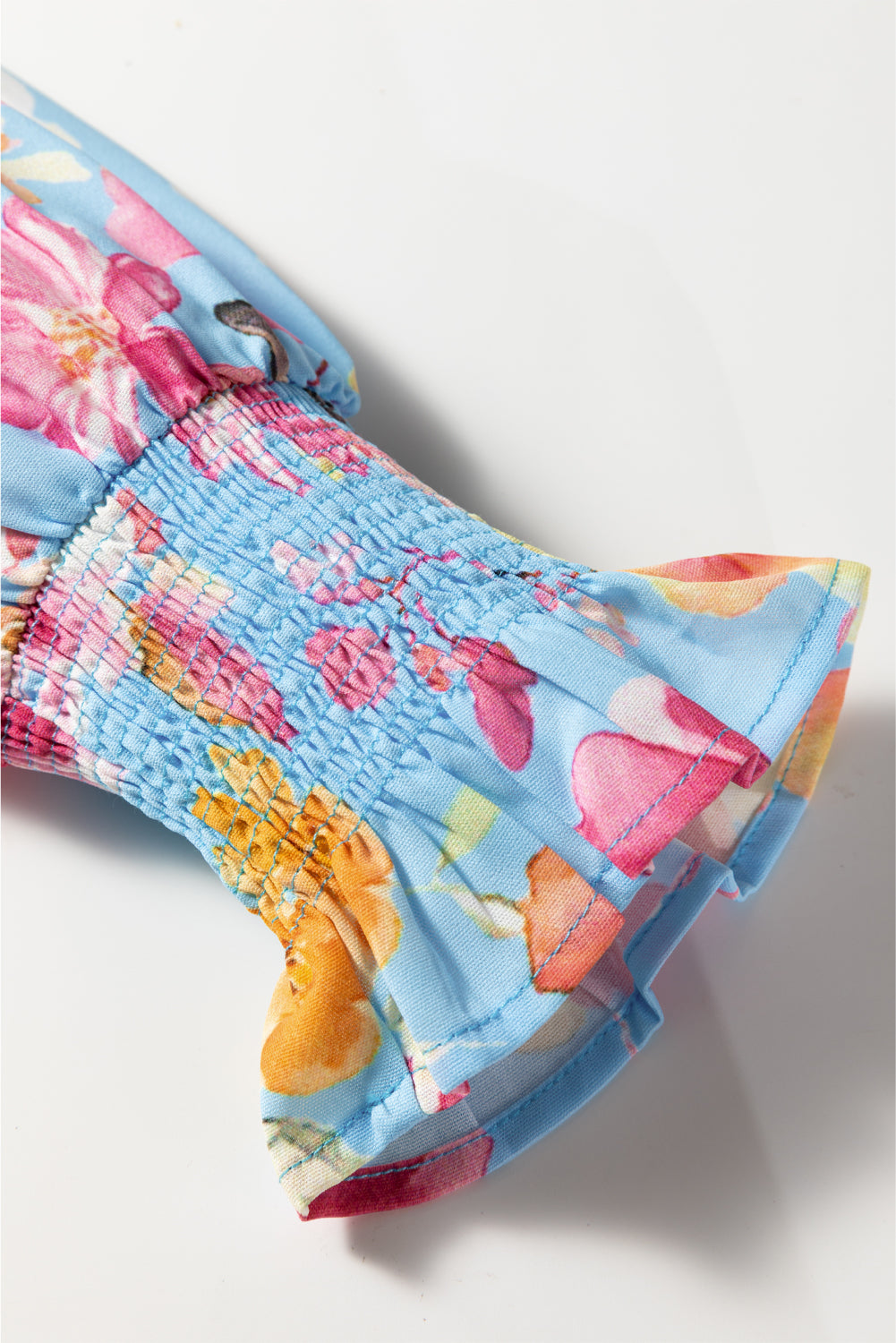 Sky Blue Floral Smocked Cuff Flounce Sleeve V Neck Blouse