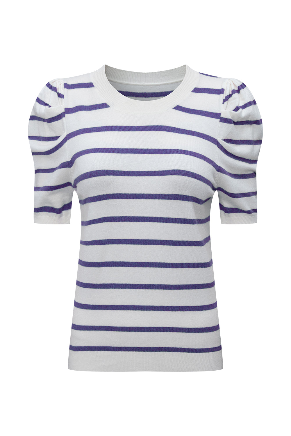 Blue Stripe Ribbed Trim Round Neck Bubble Sleeve Knitted Top