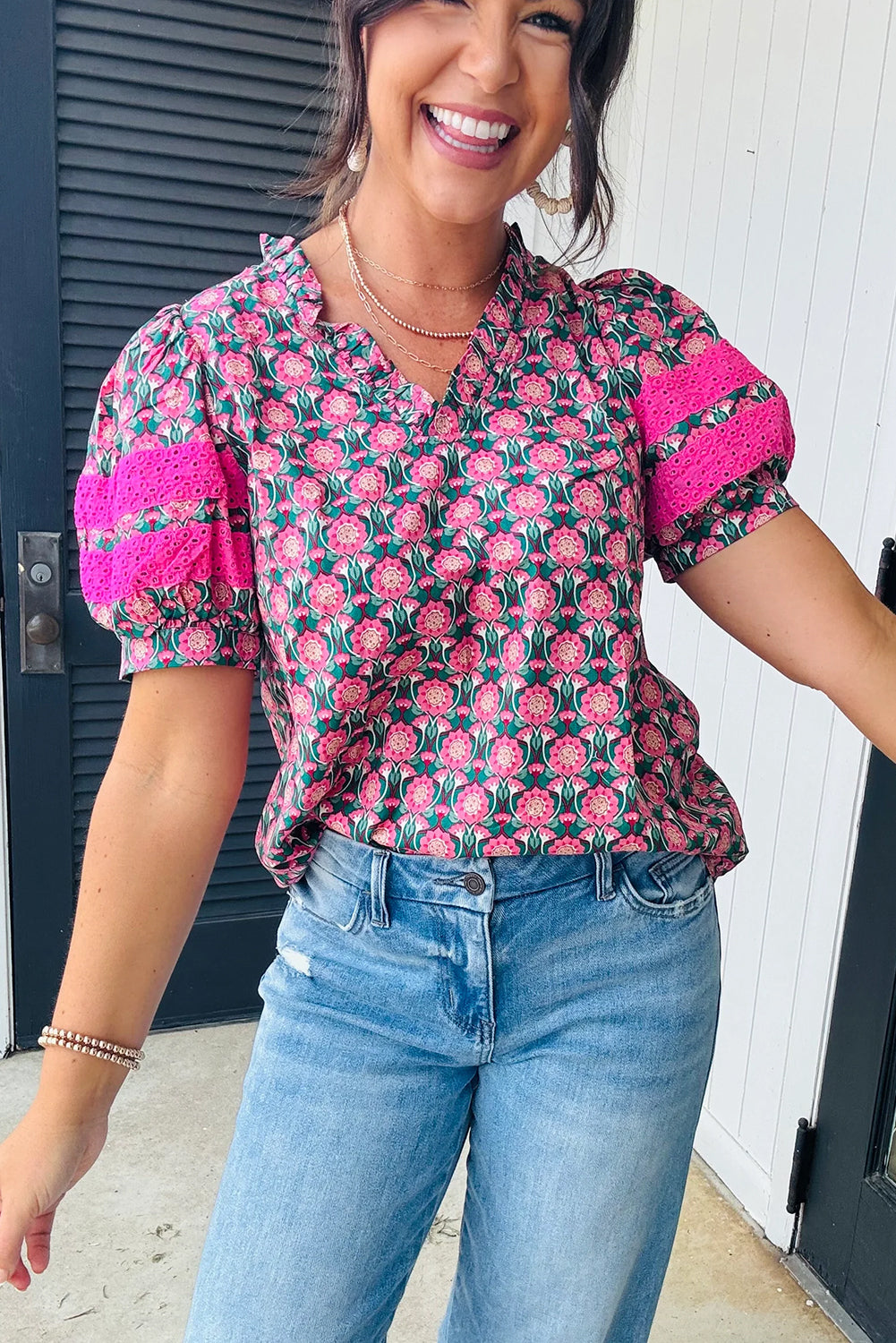 Sachet Pink V-Neck Ruffle Abstract Floral Print Puff Sleeve Top