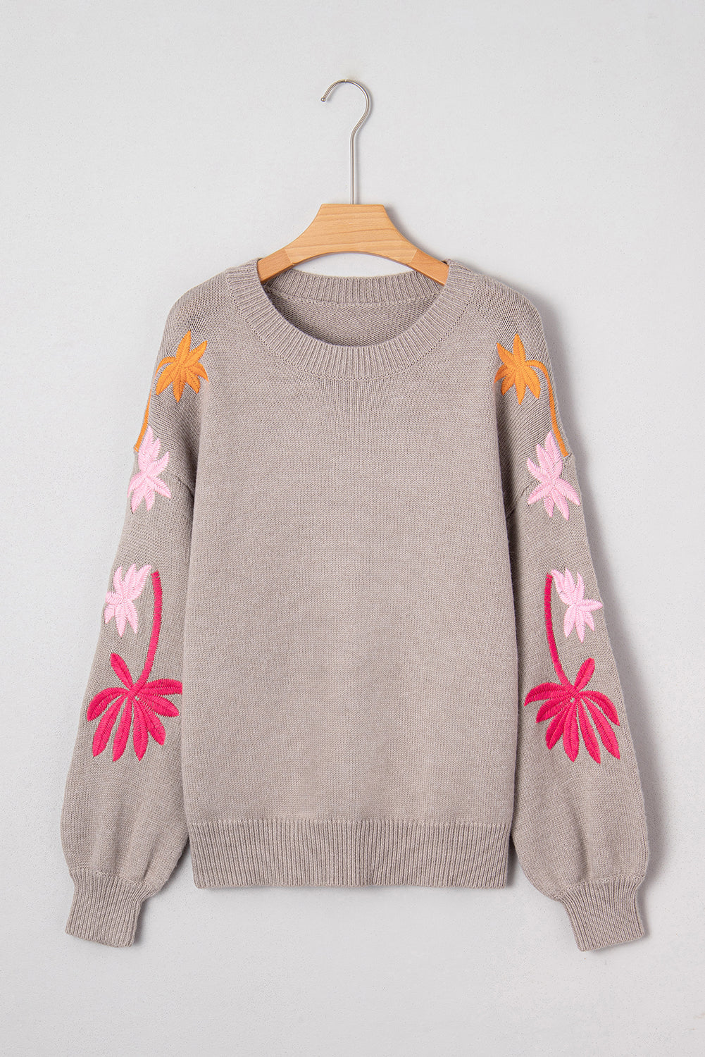 Simply Taupe Embroidered Floral Sleeve Round Neck Loose Sweater