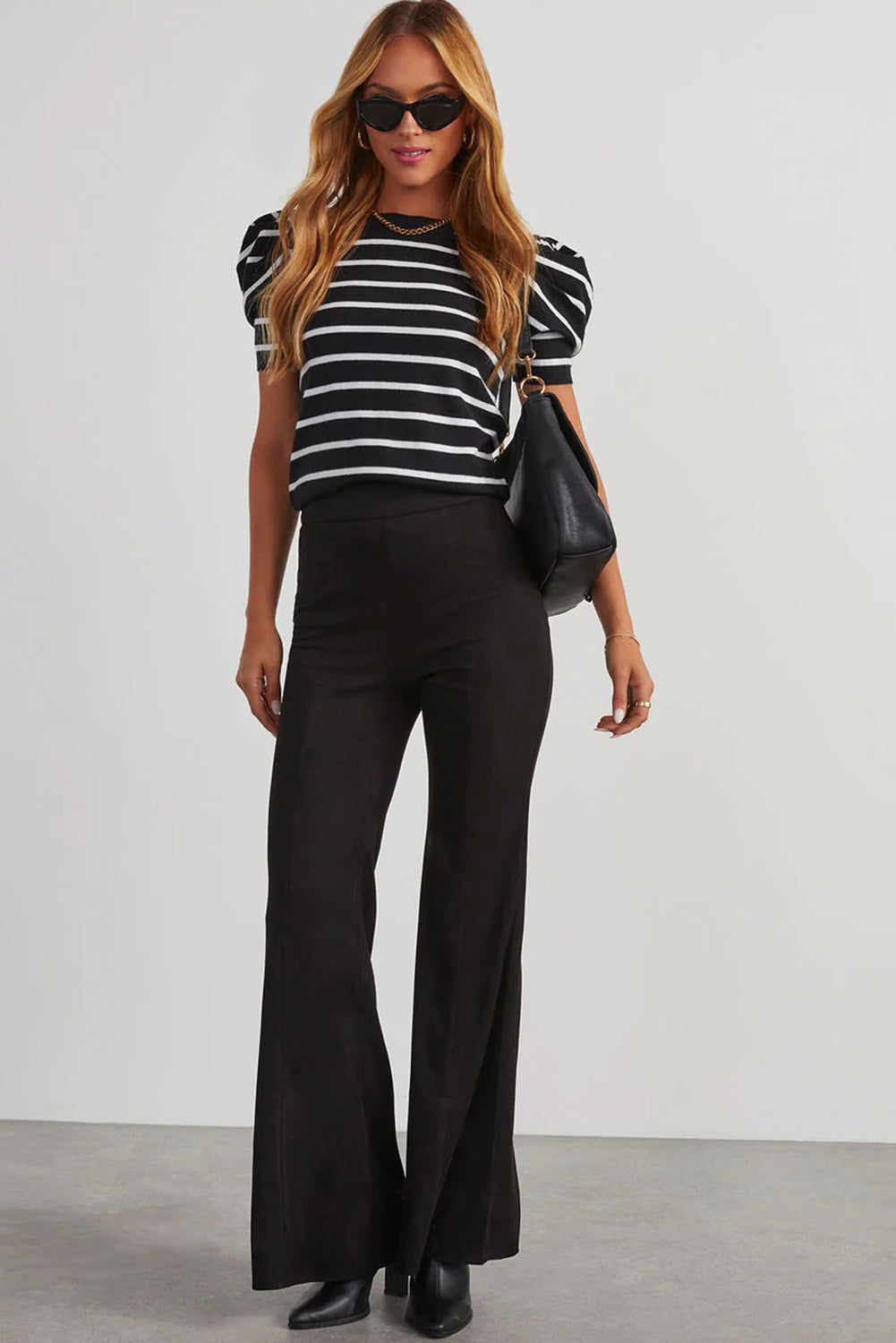 White Stripe Ribbed Trim Round Neck Bubble Sleeve Knitted Top