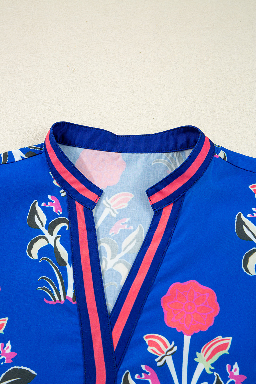 Sky Blue Floral Print Contrast Striped Trim Notched Neck Long Sleeve Dress