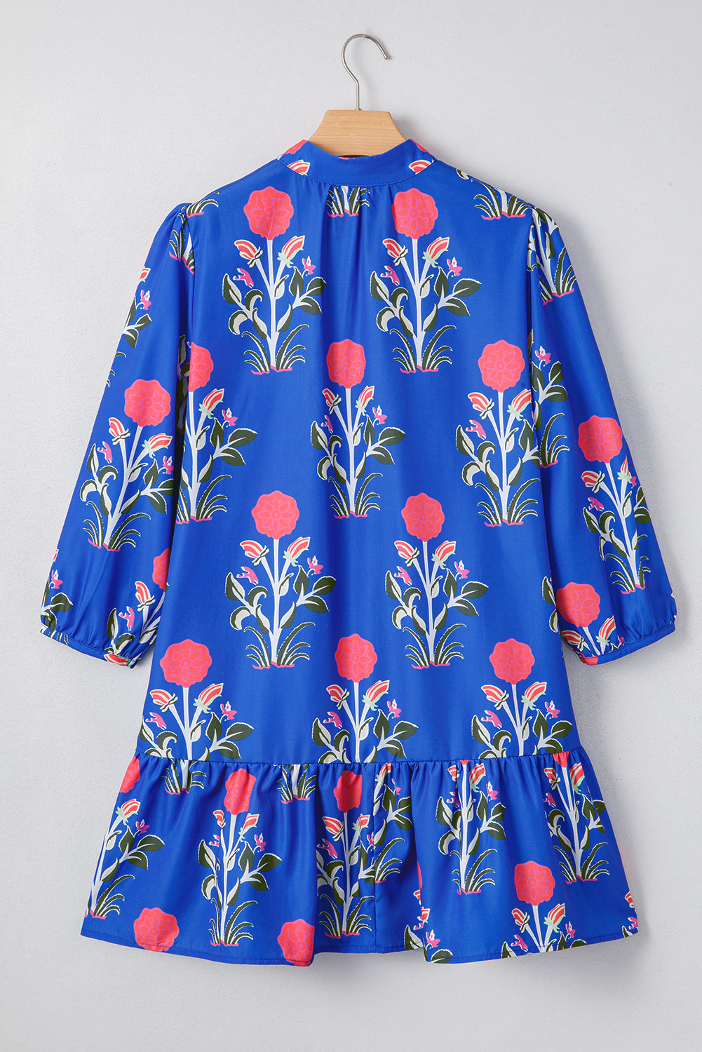 Blue Floral Print Button Detail 3/4 Puff Sleeve Ruffle Hem Dress