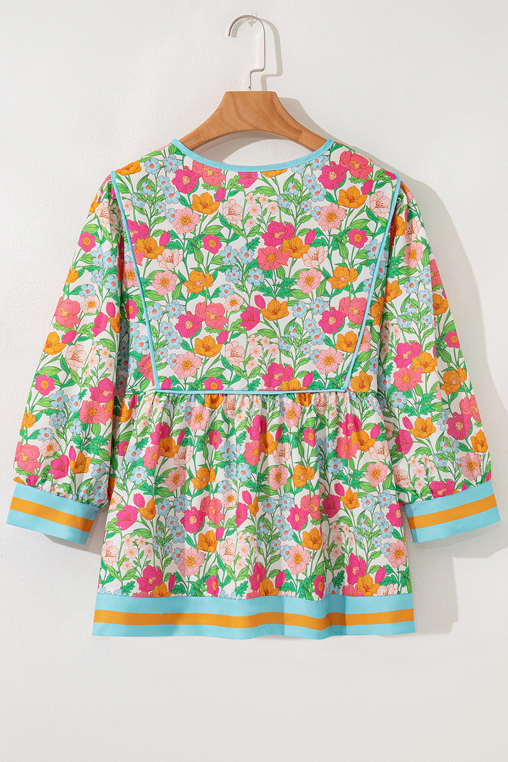 Green Floral Print Striped Trim Tie Neck Puff Sleeve Babydoll Blouse