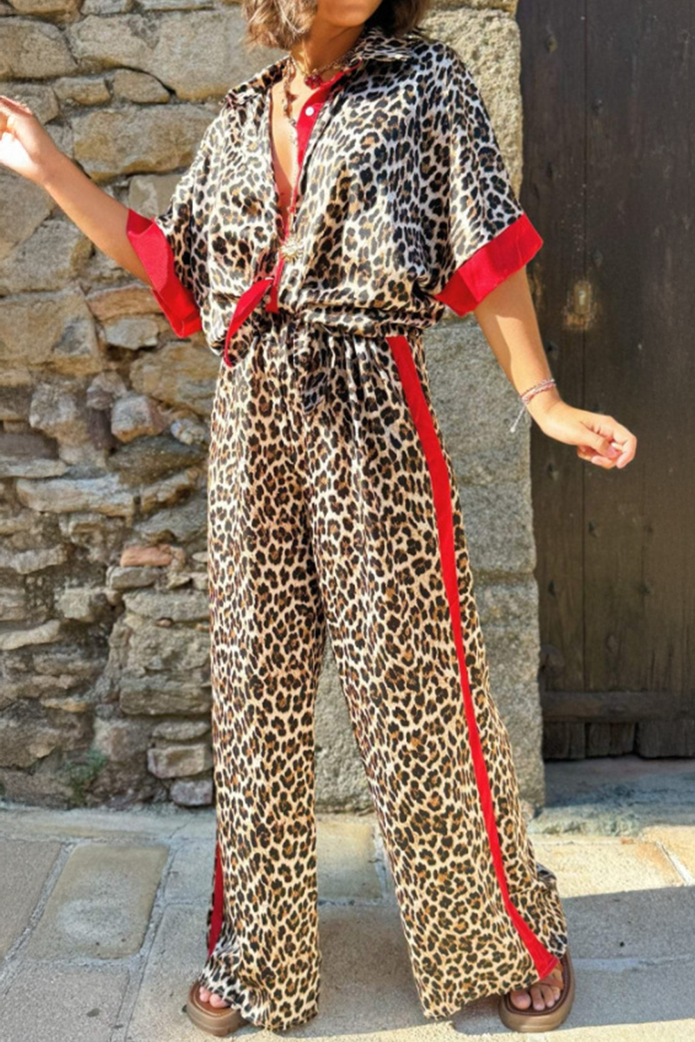 Multicolour Leopard Print Contrast Detail Short Sleeve Shirt and Loose Pants Set