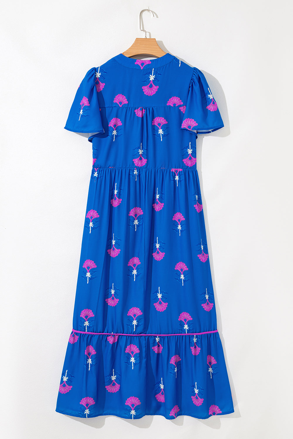 Blue Floral Print Notched Neck Butterfly Sleeve Shift Long Dress