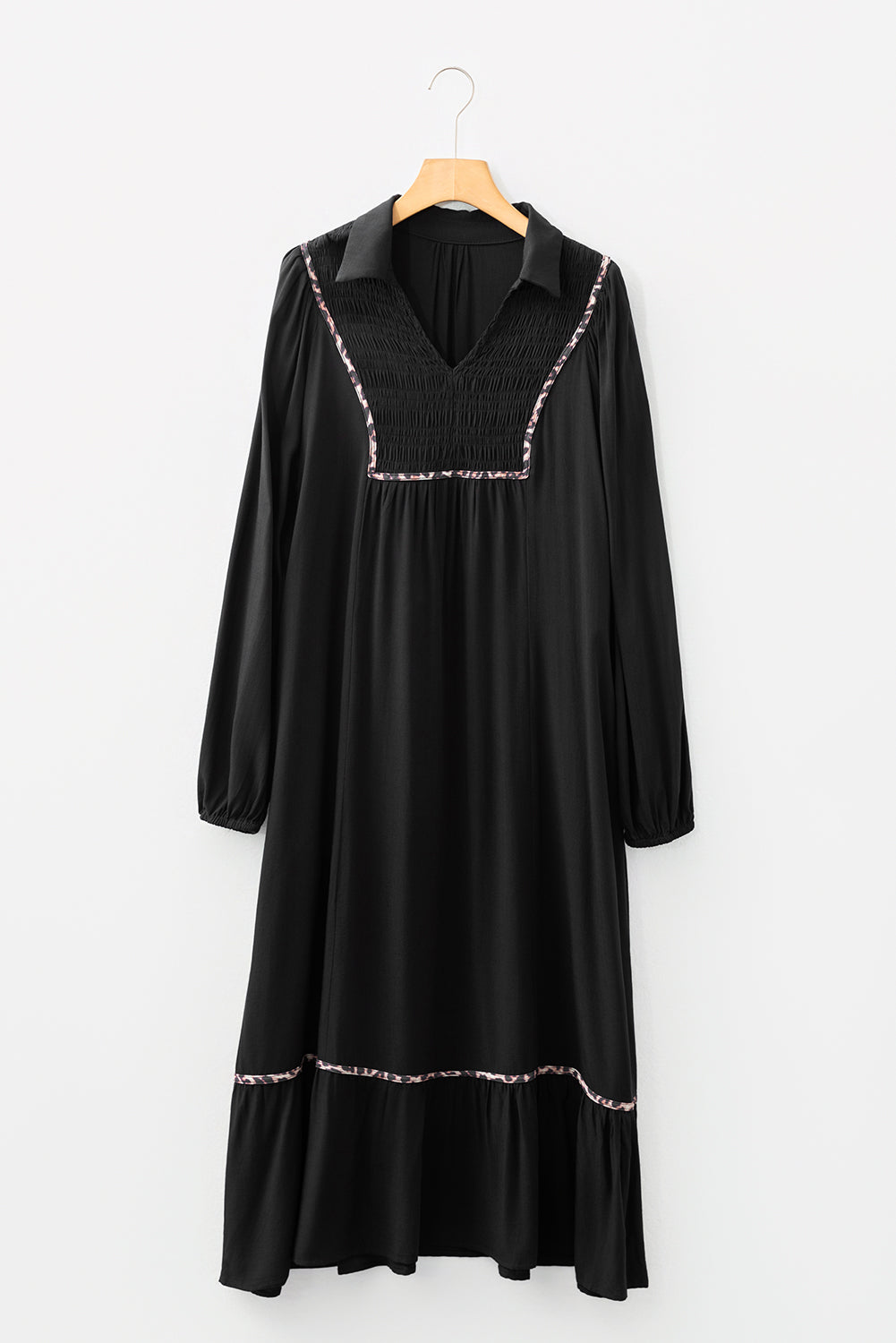 Black Collared V Neck Smocked Detail Contrast Leopard Trim Bracelet Sleeve Long Dress