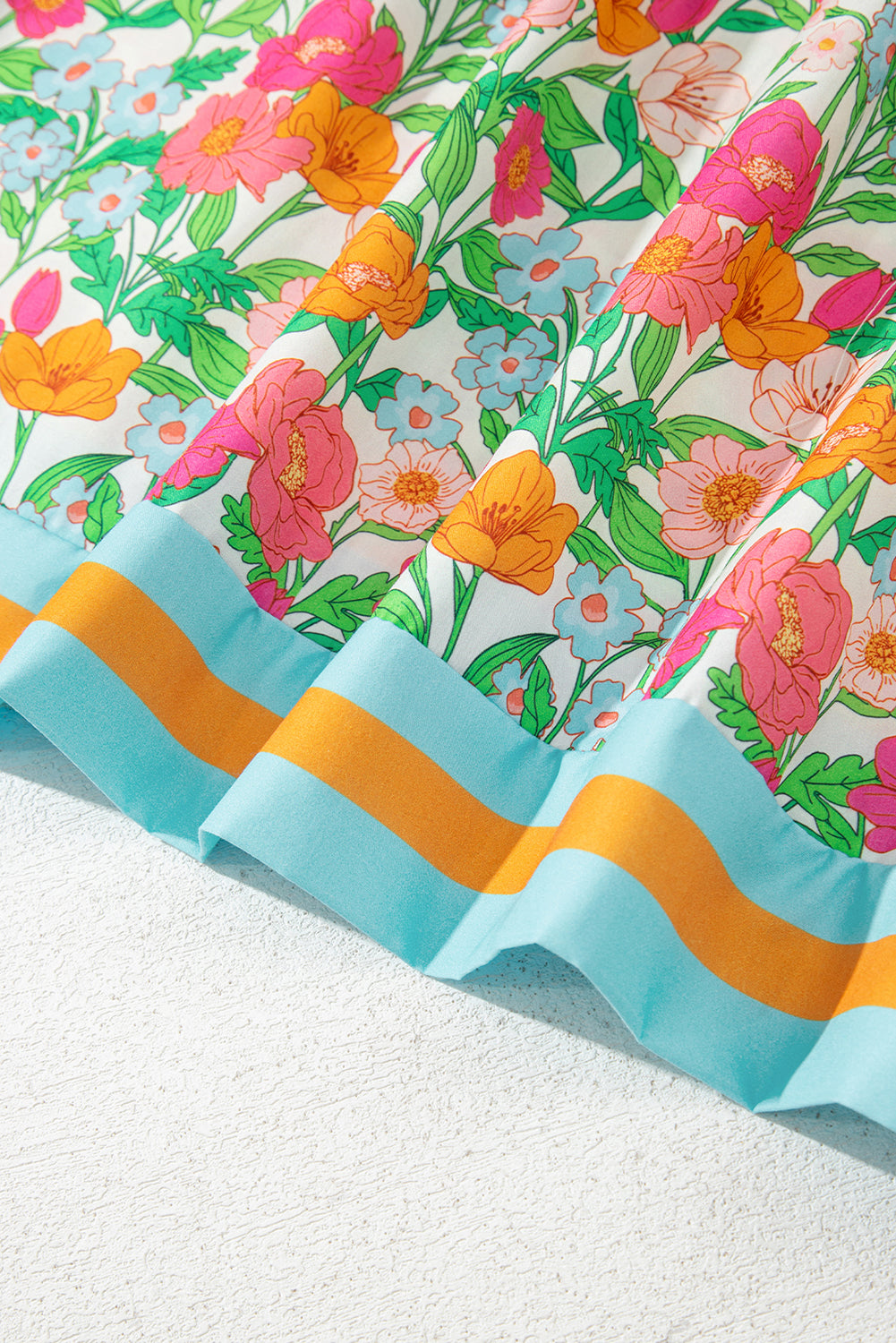 Green Floral Print Striped Trim Tie Neck Puff Sleeve Babydoll Blouse