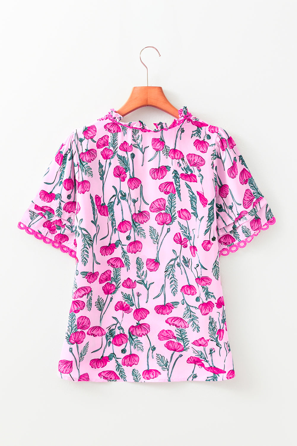 Pink Floral Lace Detail Frilled V Neck Summer Blouse