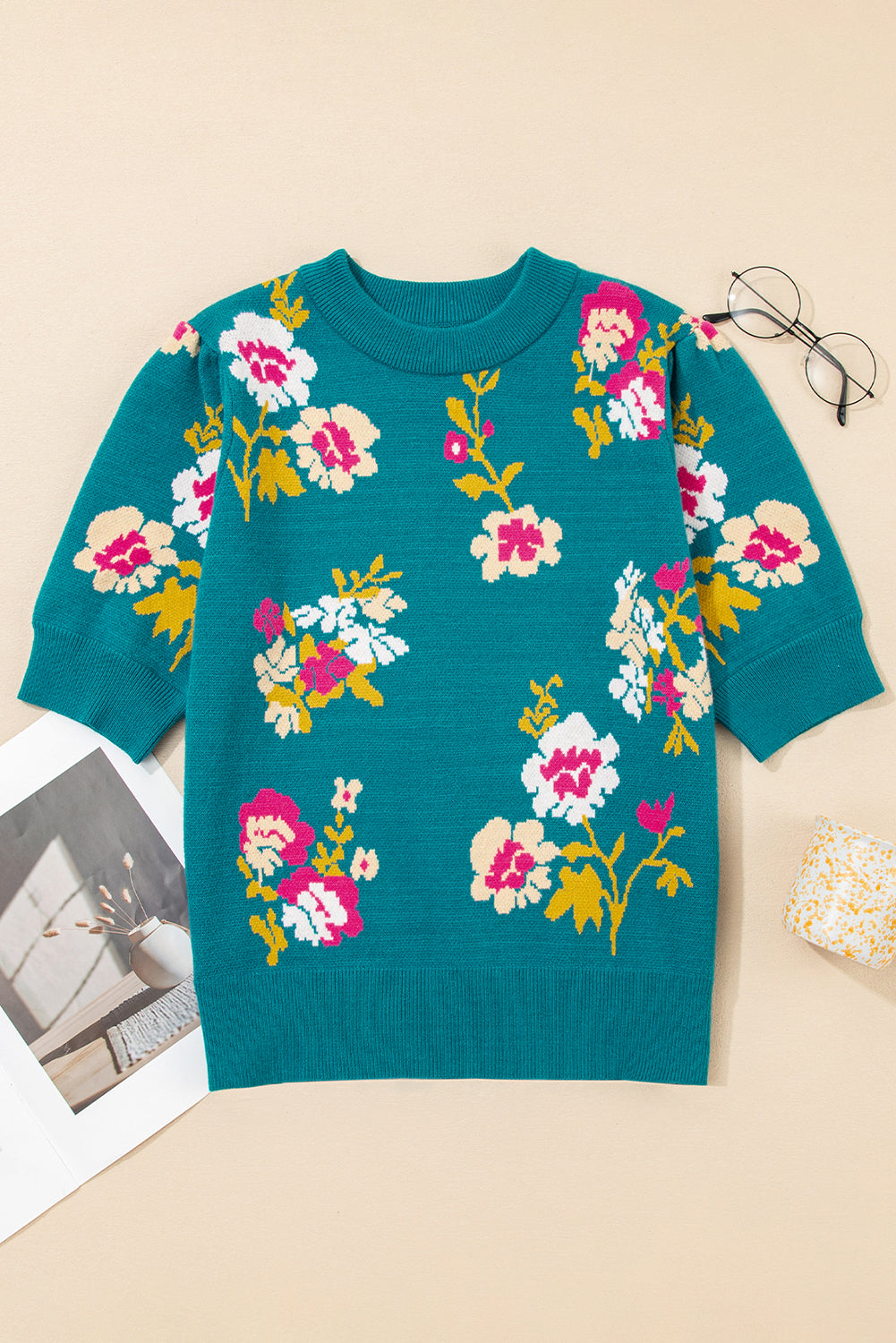 Blue Flower Pattern Mock Neck Short Sleeve Knitted T Shirt