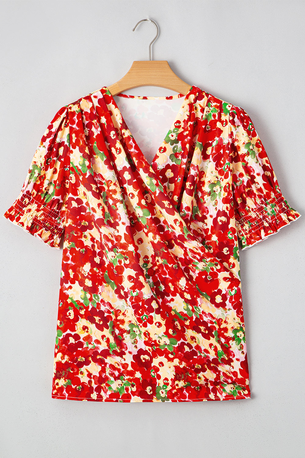 Red Floral Bubble Sleeve Pleated V Neck Wrap Blouse