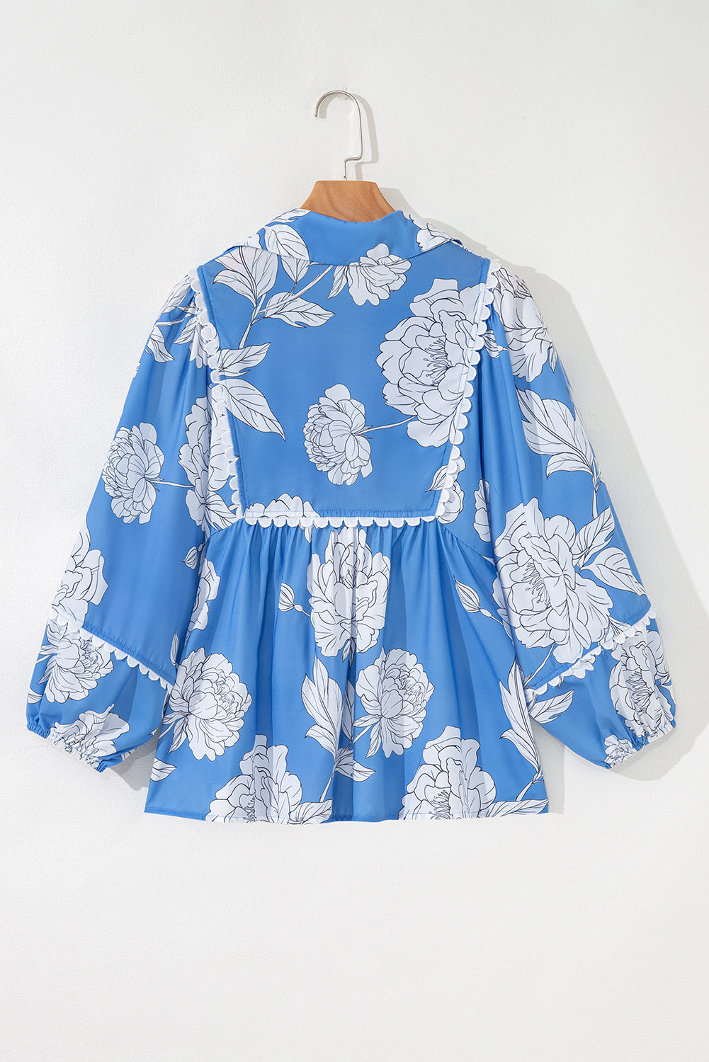 Sky Blue Floral Ricrac Trim Collared Puff Sleeve Loose Blouse