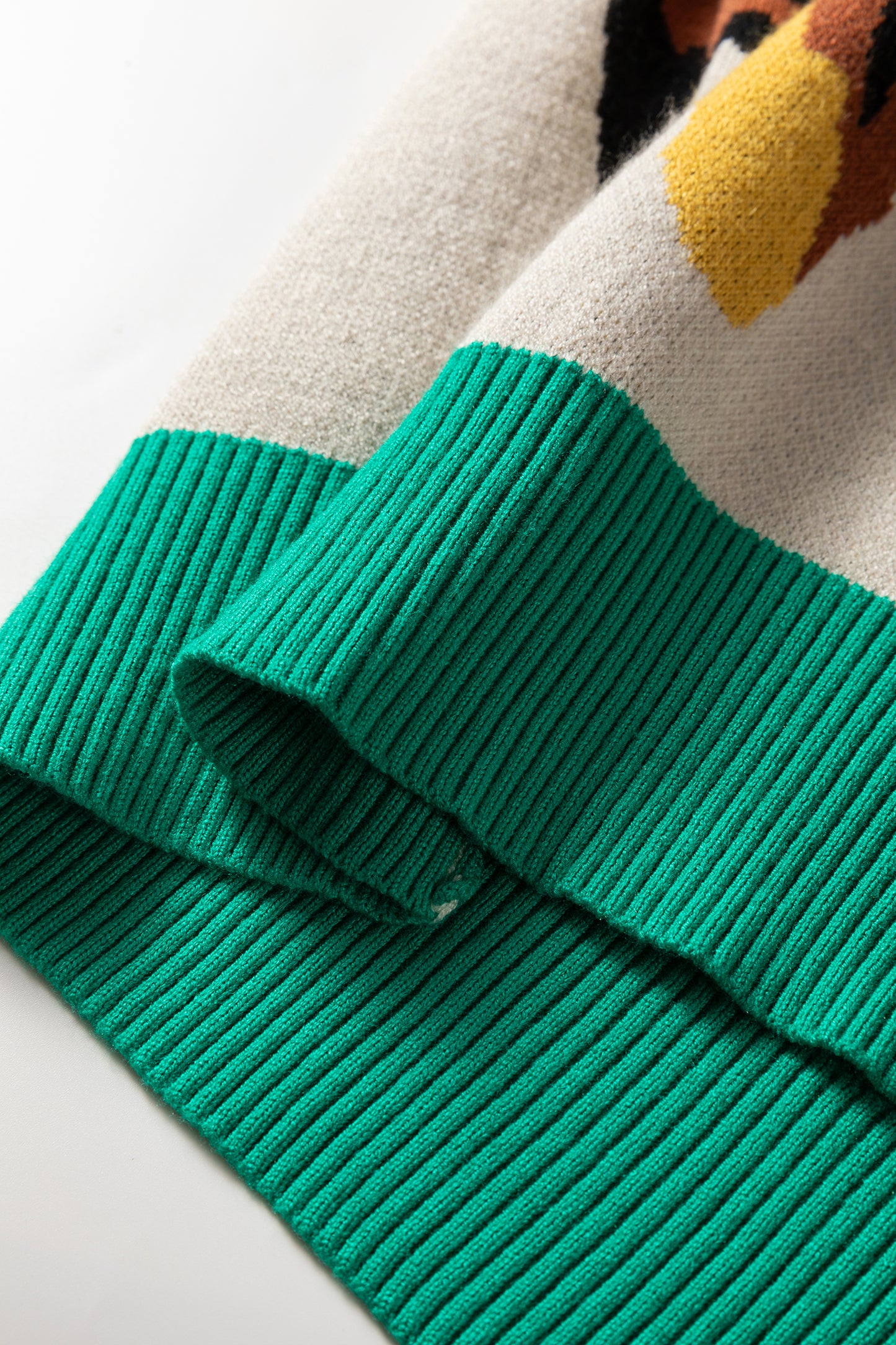 Apricot Contrast Ribbed Stripes Detail Animal Pattern Knit Sweater